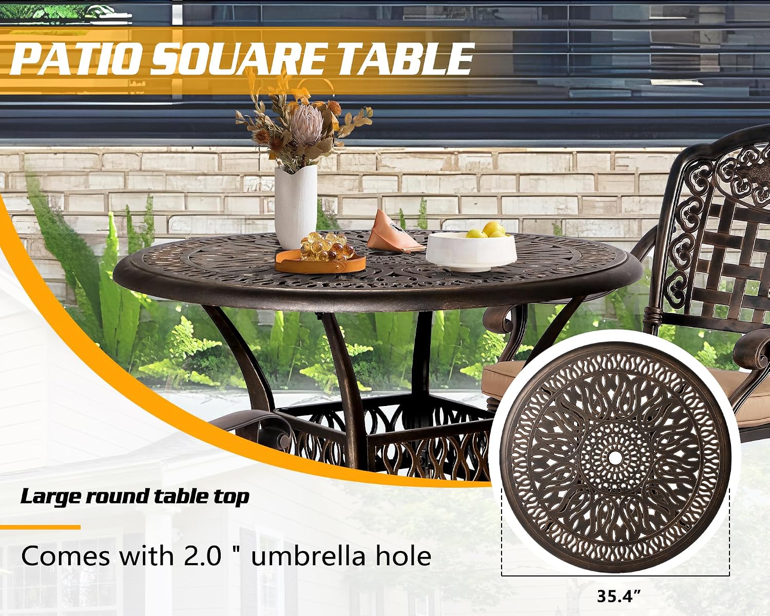 TITIMO 5-Piece Outdoor Patio Dining Set, Cast Aluminum All-Weather Patio Conversation Set Deck w/4 Cushions Chairs, Table, Umbrella Hole for Backyard Garden (Khaki-Fixed Grid Chair, 35" Round Table)