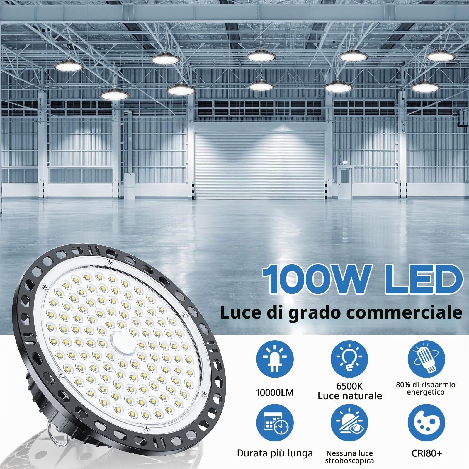 100W Faretto LED UFO Interno 4 Pezzi, Lampada LED per Capannone 10000LM con Catena Metallica da 30CM, Driver, 6500K IP65 Plafoniera LED Garage Industrial per Campana Officina Sofftto