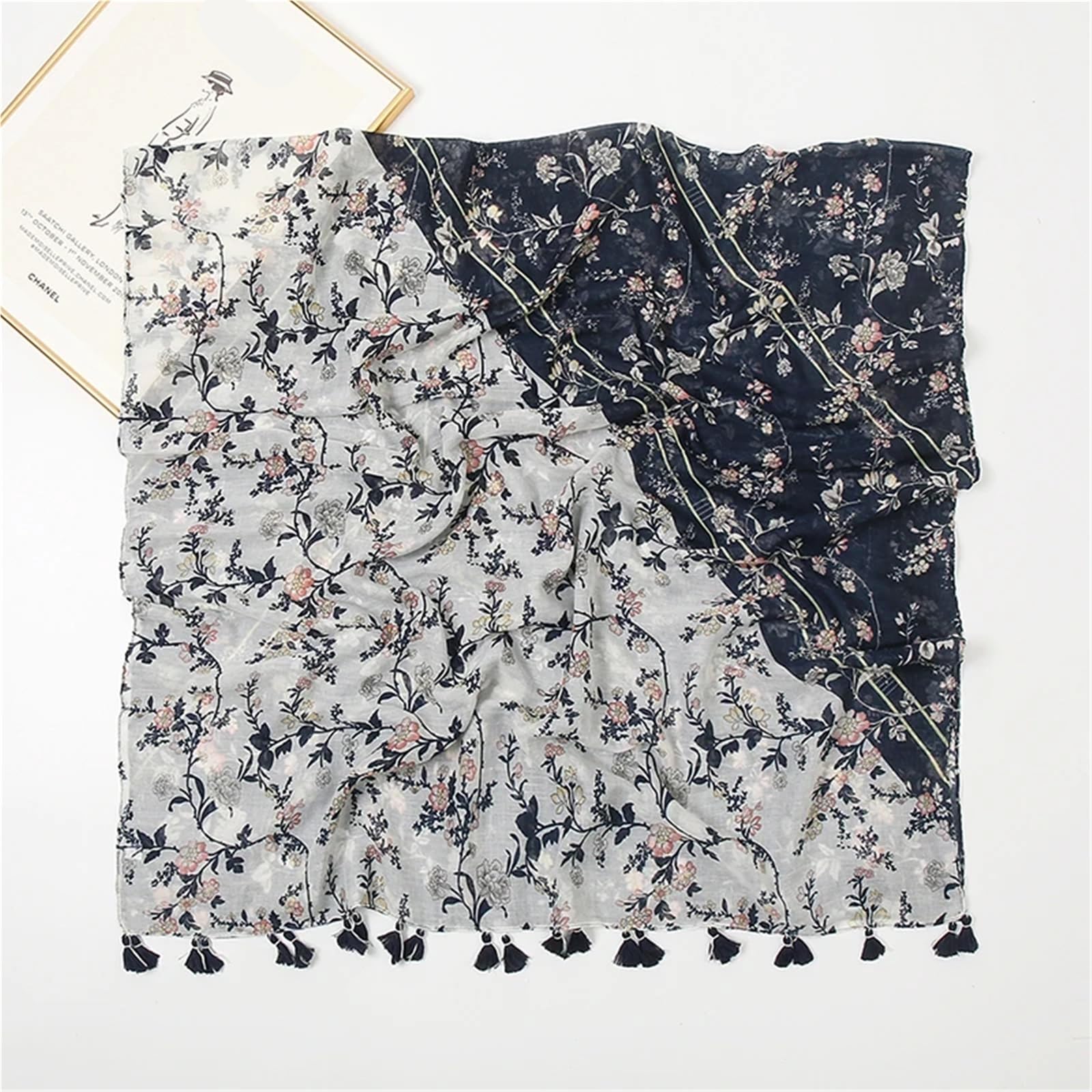 Sciarpa di Primavera 2 Pezzi Sciarpa da Donna in Cotone e Lino con Stampa Floreale e Nappe, Sciarpa Primaverile Vintage, 180 * 90 cm