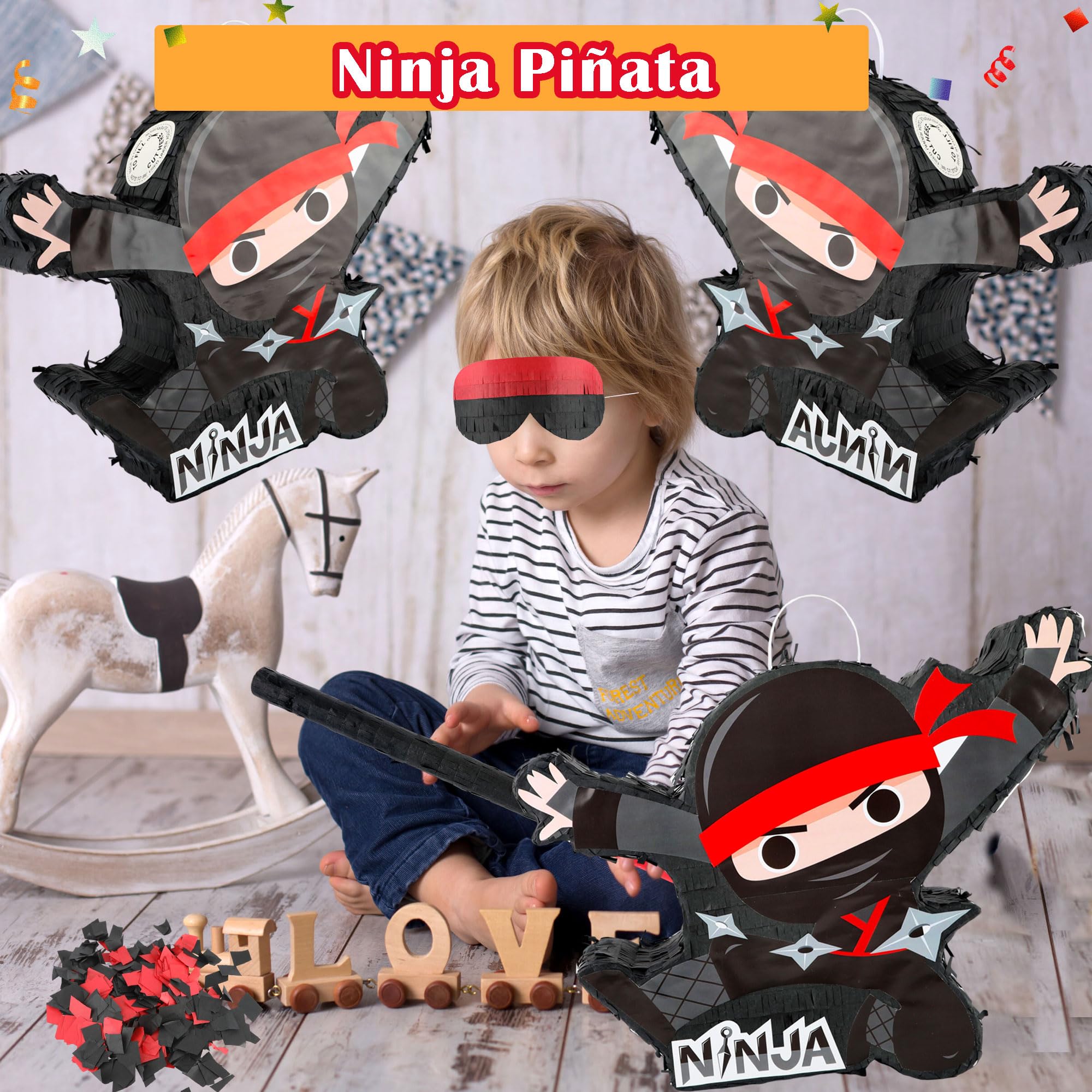 Black Ninja Pinata Ninja-Themed Piñata Bundle Paper Cool Warrior Design Pinata with Stick Blindfold Confetti for Birthday Party Decor Props - Image 4