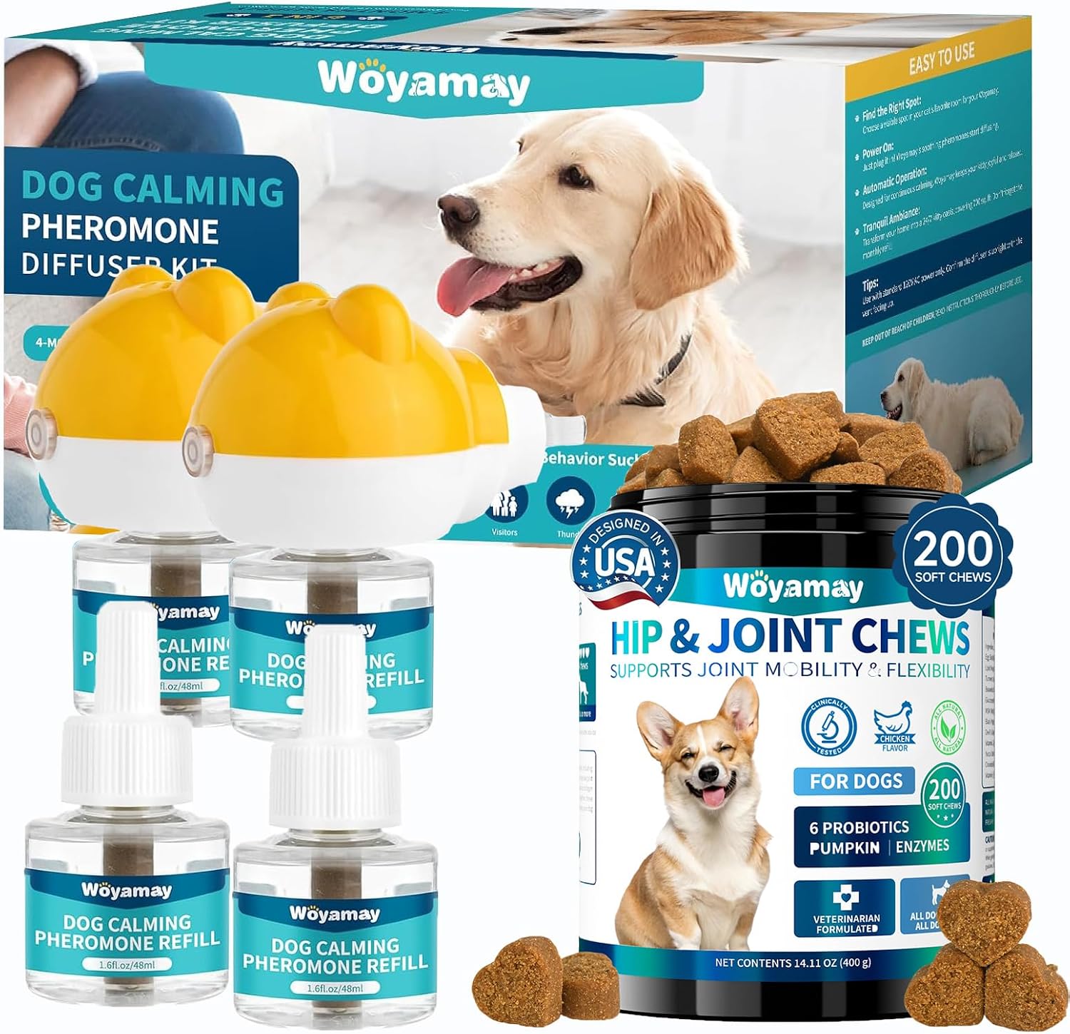 Woyamay Dog Anxiety & Joint Support Bundle - 120-Day Pheromone Diffuser + 200 Glucosamine Chews with Turmeric & MSM - Stress Relief & Mobility Care for All Breeds