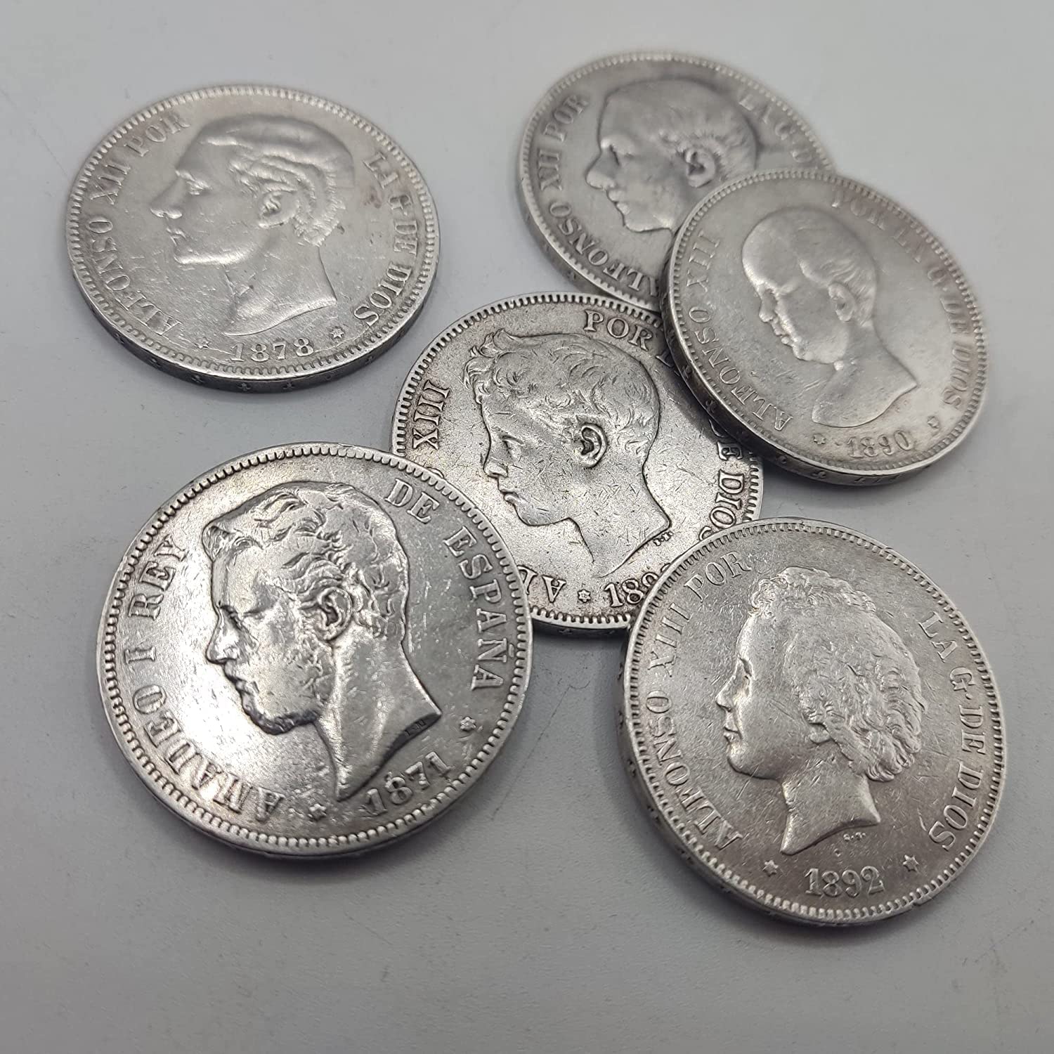 Monedas Españolas - Colección Completa de 6 Monedas 5 Pesetas de Plata (1871-99). Los Duros de Plata de la Monarquía