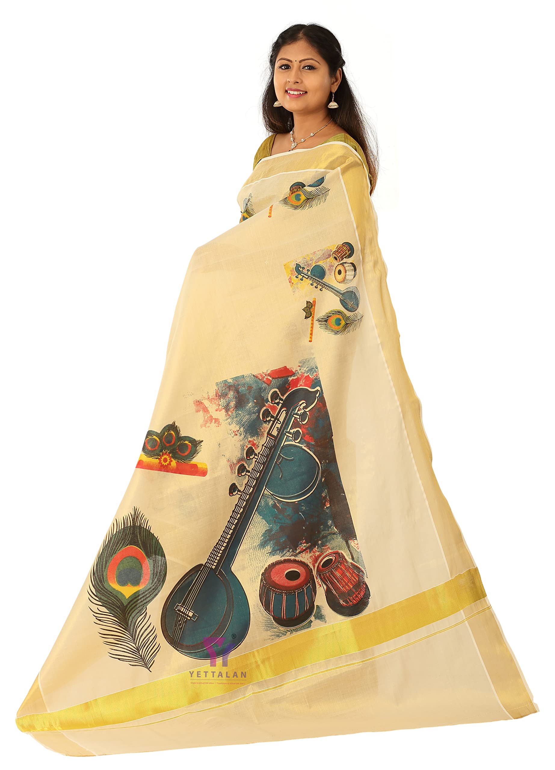 YETTALAN® Women's Mural Printed Kerala Gold Tissue Saree with Running Blouse