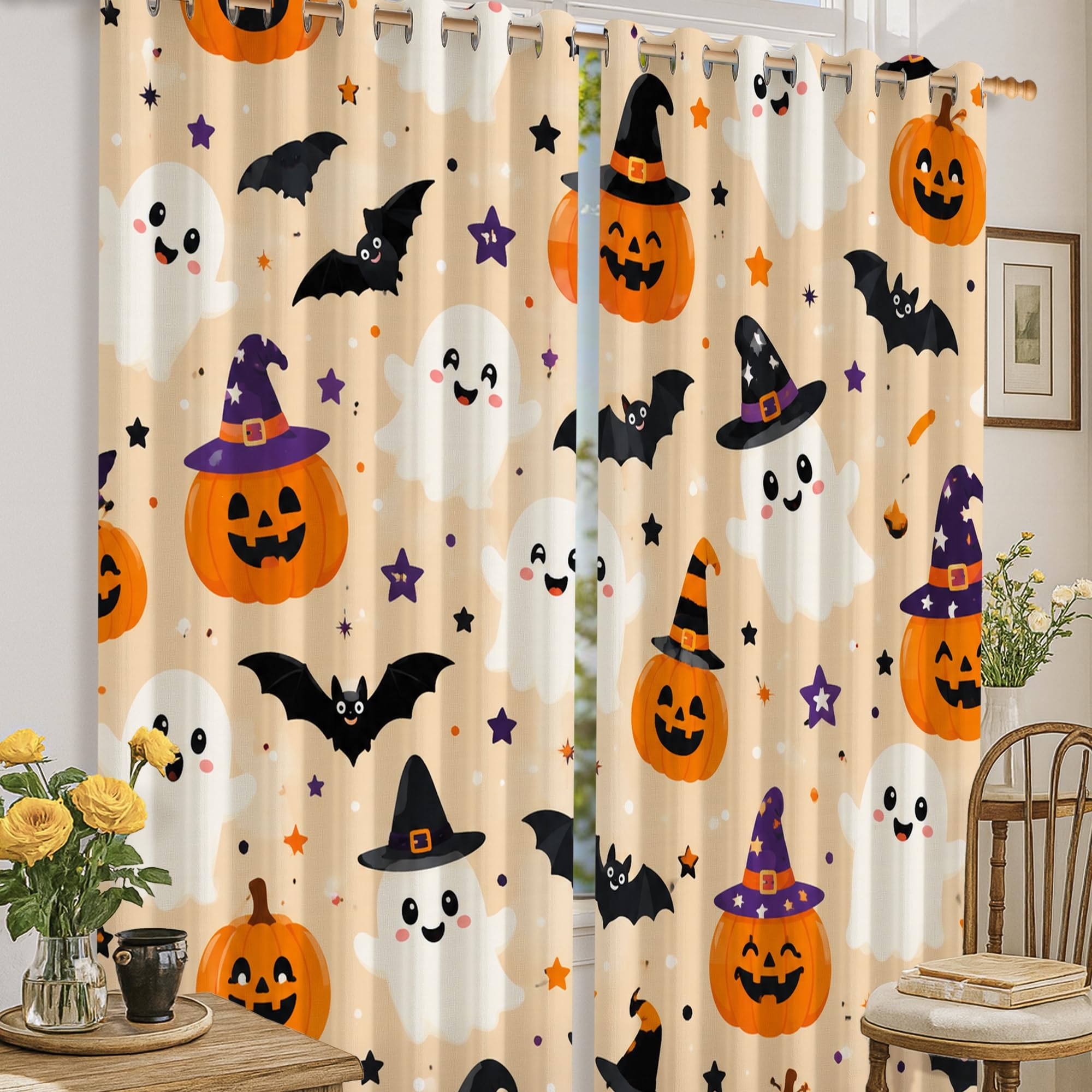 Rideaux occultants motif citrouilles Halloween orange 132 x 160 cm pour salon et maison
