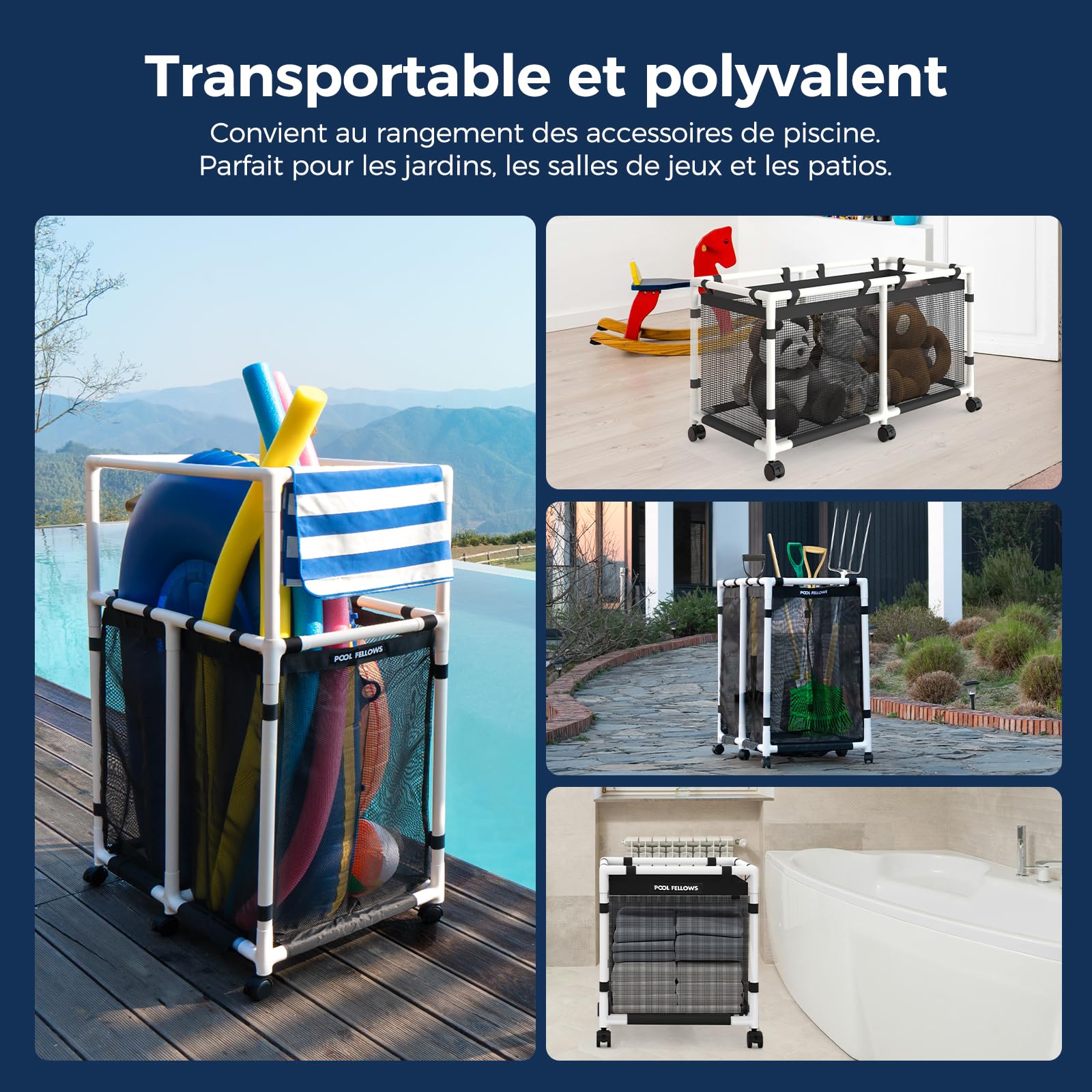 Bac de rangement de piscine, 397 litres, support pour frites de piscine, jouets, flotteurs, serviettes, organiseur en maille pour équipements de natation, style Basic Pro