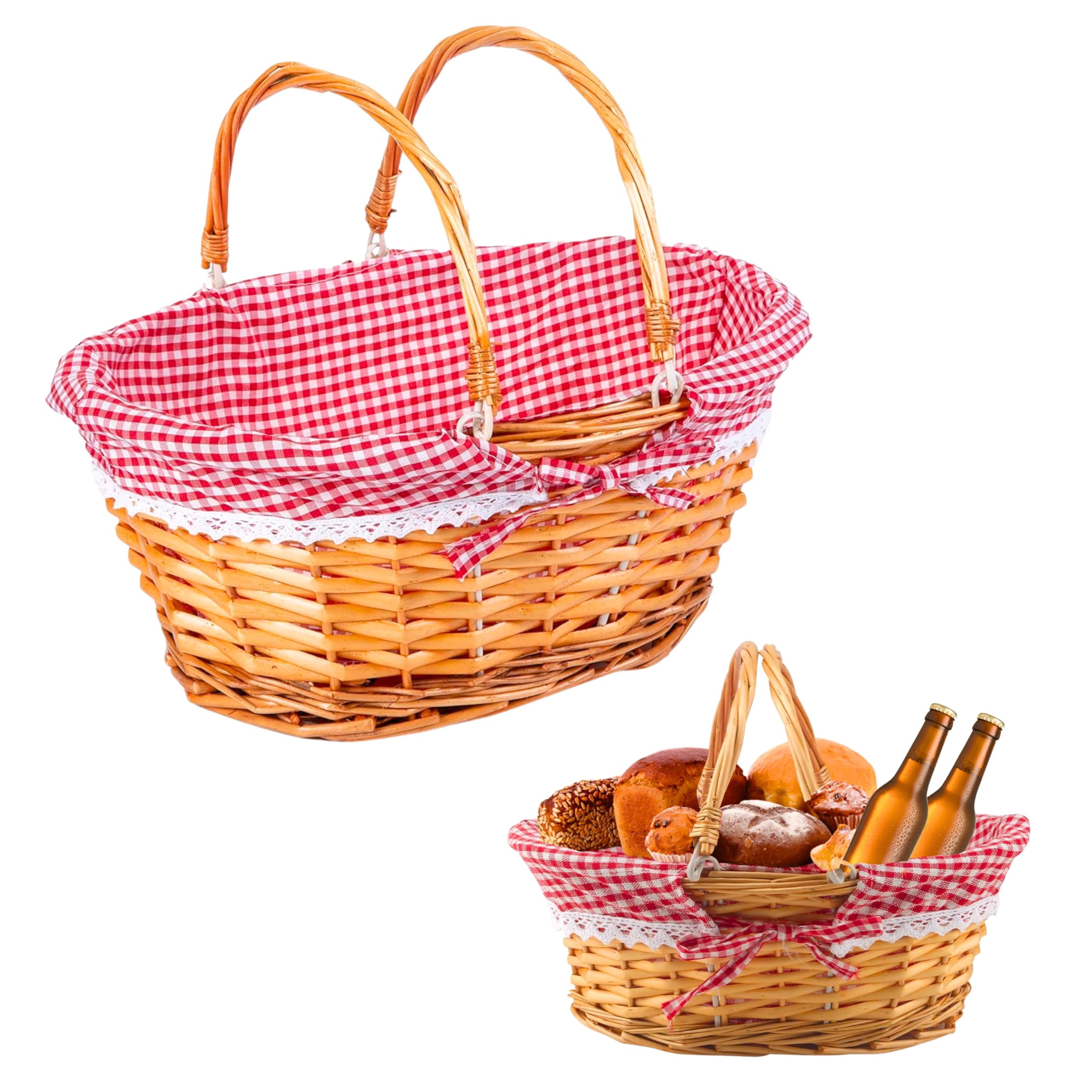 Adeptna Beige Lightweight Wicker Shopping Basket With Foldable Handles – Handwoven Willow Hamper With Red Gingham Cotton Liner – Gift, Picnic, Easter, Toy, Garden, Storage Basket (2Pcs (Large + Small))
