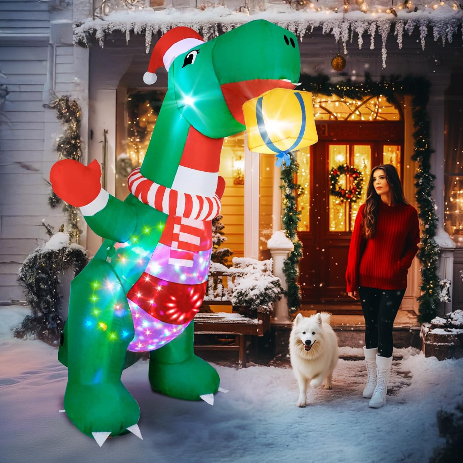Dawdix 8FT Dinosaur Christmas Inflatable Outdoor Decoration, Large Blow Up Dino with Christmas Hat & Gift Box Built-in 360°Rotating Light, Holiday Inflatables Décor for Yard Garden Patio Outside
