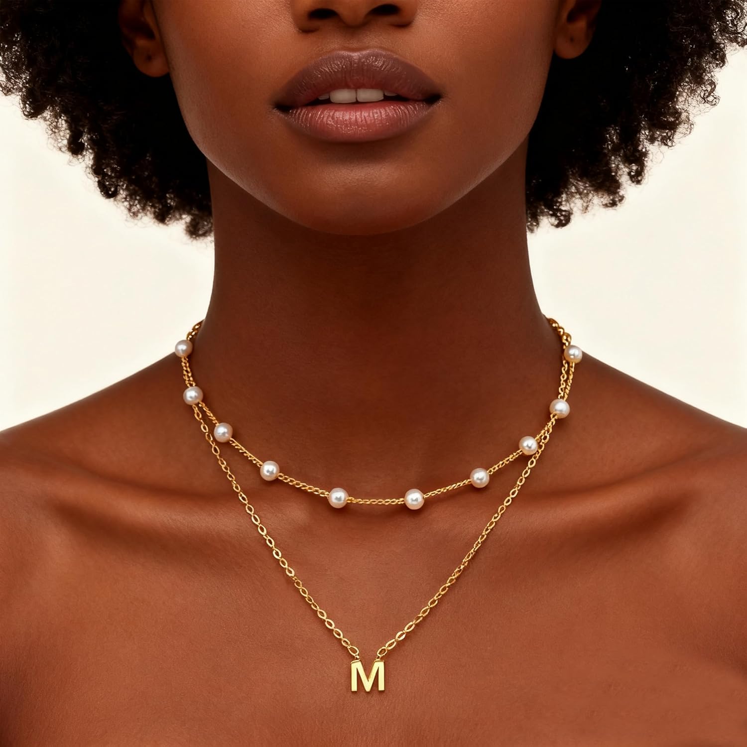 Initial Pearl Necklaces for Women, Dainty Gold Plated A-Z Pendant Letter Choker Layered Necklace for Women - Image 3