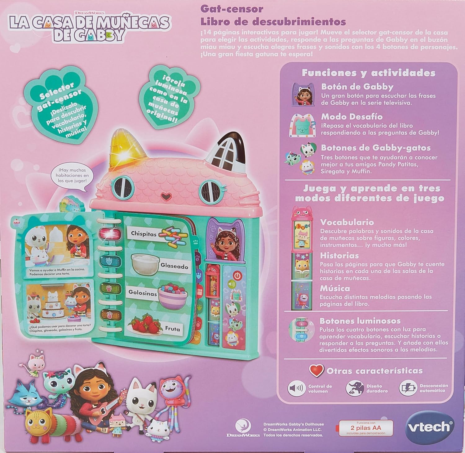 VTech - Gat-Censor Libro de Descubrimientos La Casa de Muñecas de Gabby, Juguetes Electrónicos +3 Años, 14 Páginas, Voz Original, Botones Luminosos, Ascensor y Juegos Educativos, Versión ESP