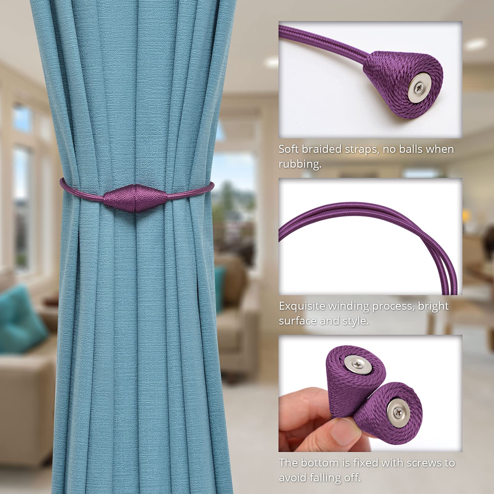 4pcs Magnetic Curtain Tiebacks - * Thick Twisted Rope & Strong Magnets, Decorative Holders For Drapery, Assorted Colors (White, Blue, Black, Beige), Classic Polyester Design For Home Decor