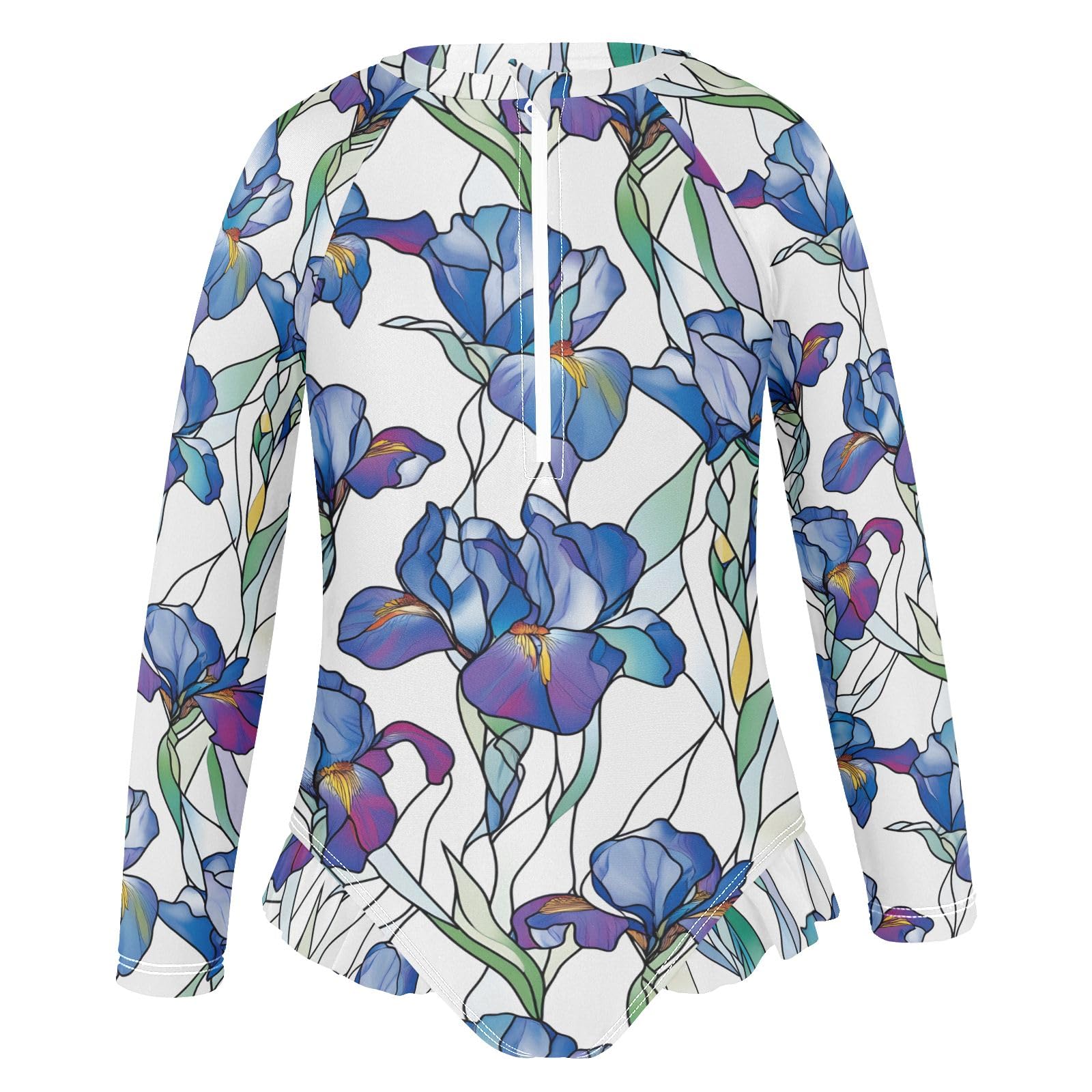 ALAZA Bathing Suits for Girls Toddler Girl Swimsuit Blue Irises Flowers Long Sleeve UPF 50+ 5-6T
