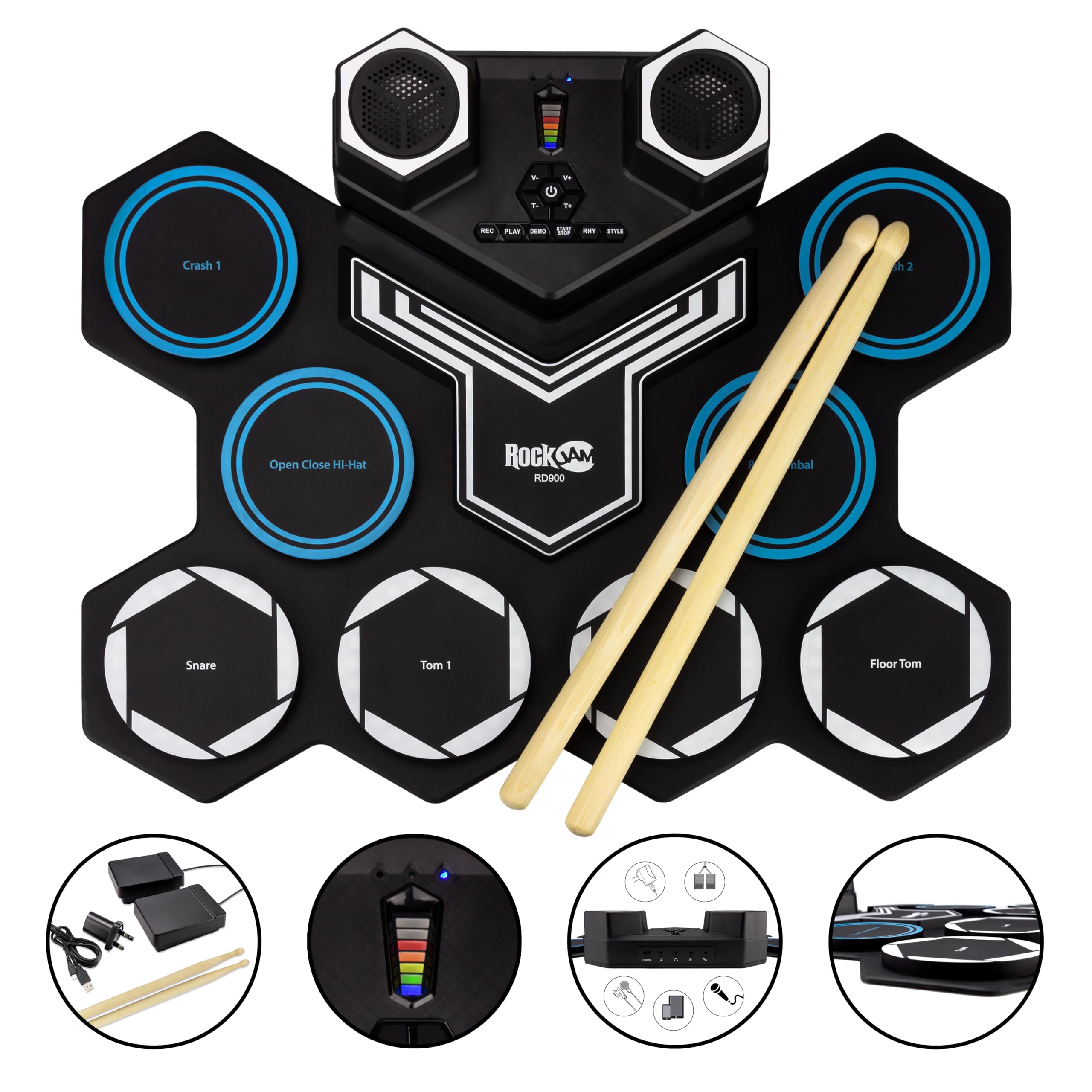 RockJam Batteria elettrica ricaricabile arrotolabile con Bluetooth, Midi, USB e bacchette