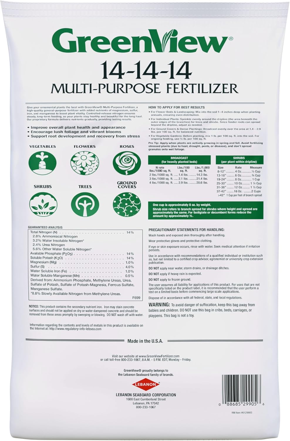 GreenView Multi-Purpose Fertilizer, NPK 14-14-14; 15 lb. Bag - Plant Food Feeds Vegetables, Flowers, Trees and shrubs for up to 4 Months - Covers up to 1,050 sq. ft.