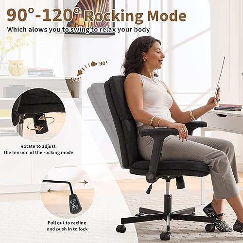 Miniatura 5 de Silla de oficina ajustable con respaldo medio, cómoda, de lino, ergonómica, de respaldo, silla de computadora para el hogar con reposabrazos