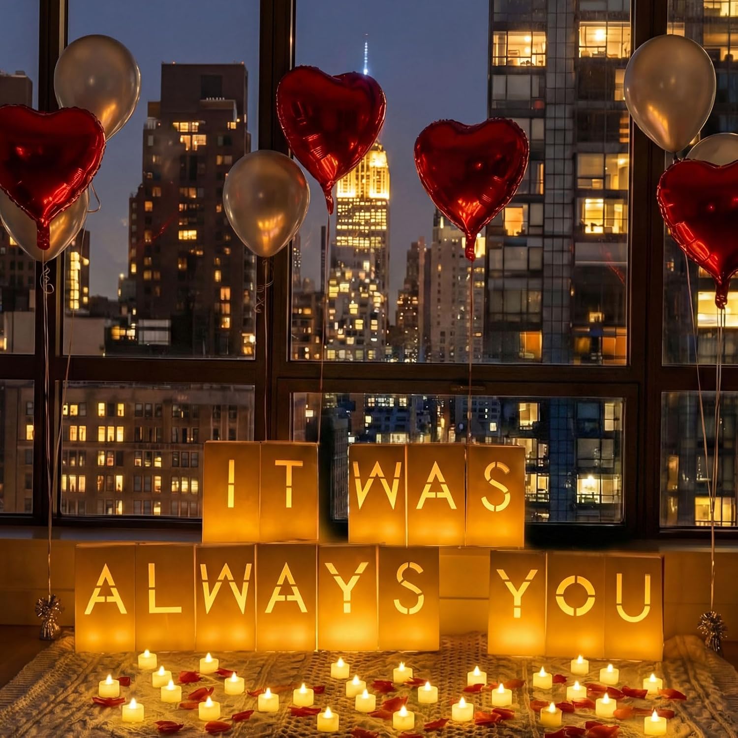 81pcs It Was Always You Light up Letters with 30 LED Candles Tea Light, 2000 Rose Petals & 35 Pearlescent Foil Balloons - Luminary Paper Bags for Anniversary Valentine's Day Decor
