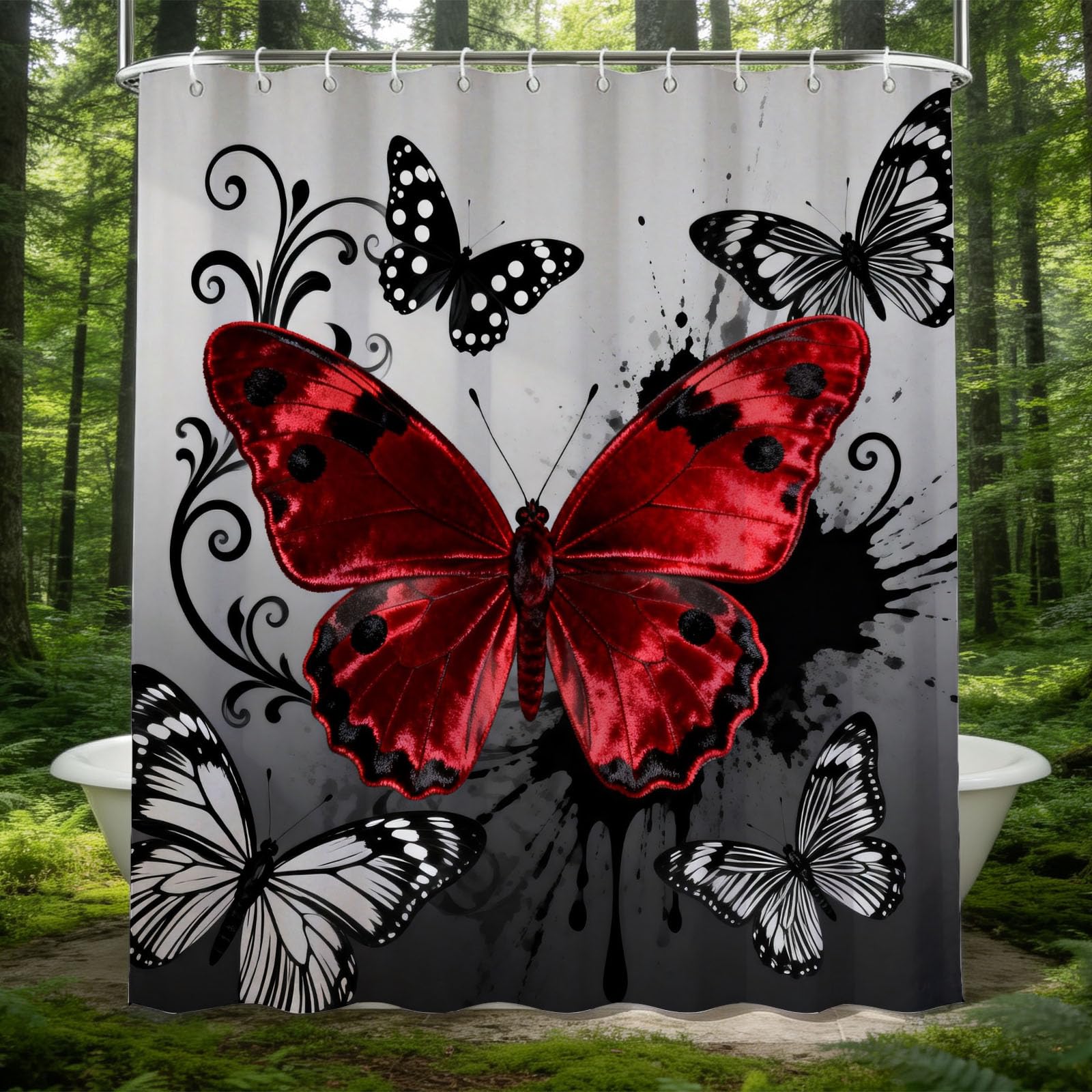 Hongduo 3D Butterfly Shower Curtain for Stalls Bathtubs Flower Bathroom Decor Shower Curtain Set Polyester Fabric Waterproof 180x180cm/71X71 Inch with Hooks