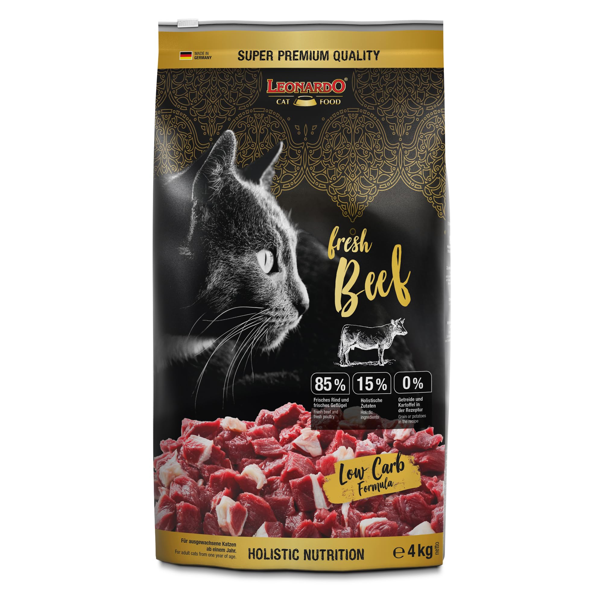 LEONARDO fresh Beef & Poultry [4kg] Katzenfutter | Trockenfutter mit 85% Frischfleisch für Katzen | Alleinfuttermittel für ausgewachsene Katzen aller Rassen ab 1 Jahr