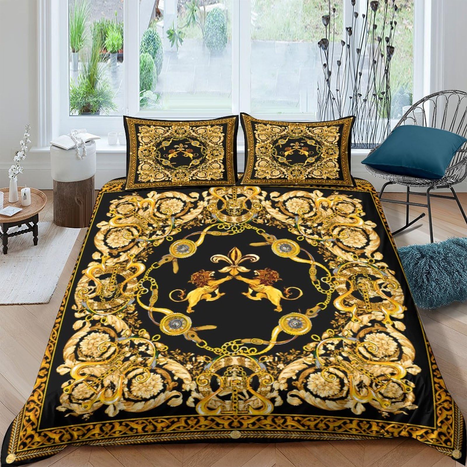 Ctjqhvkz Style-9 3D Printed Baroque Gold Black Fitted Sheet Microfiber Soft Bedroom Decor Renaissance Style Mattress Cover For Home Single（135X200cm）