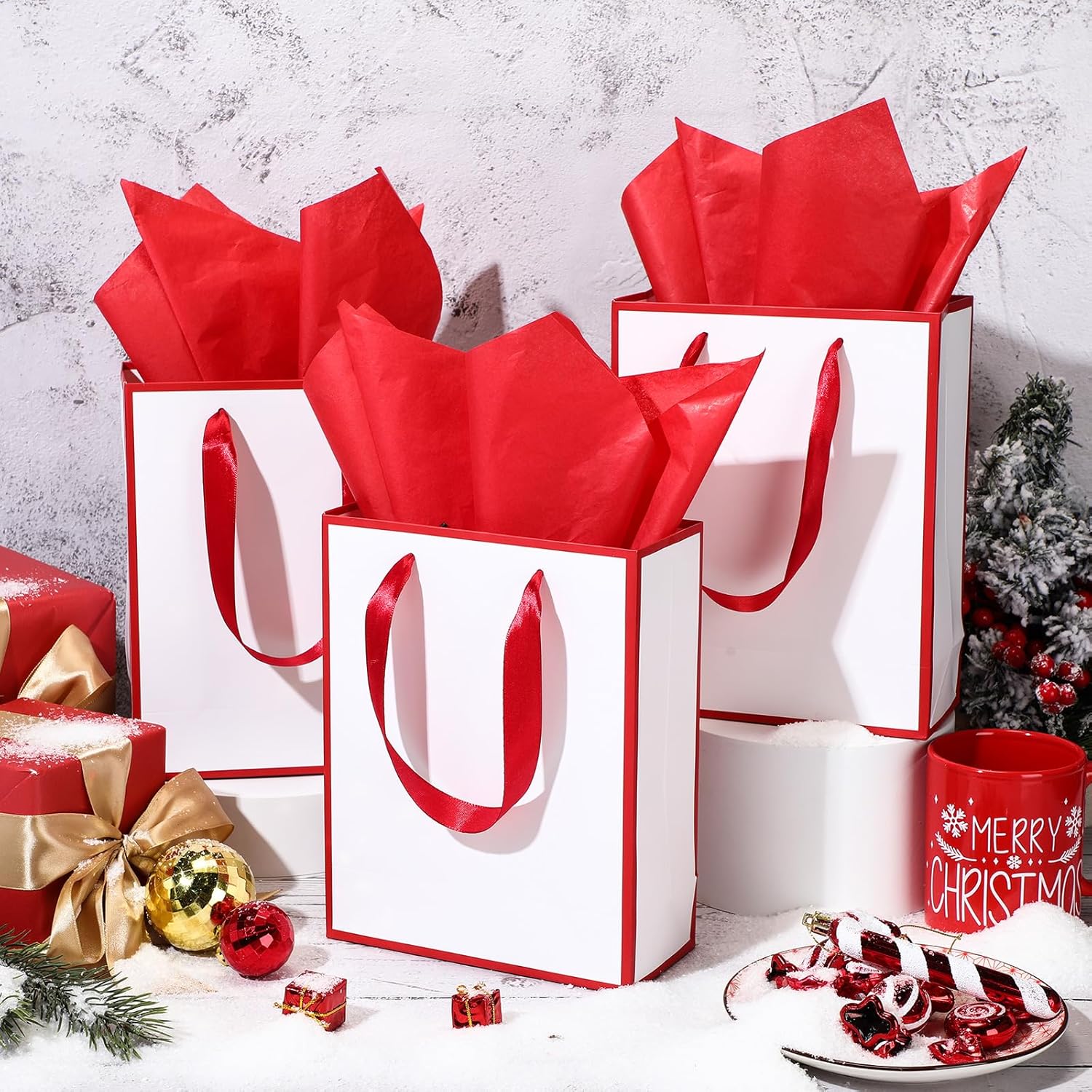 Yeaqee 50 Pack Metallic Gift Bags with Handle and Tissue Paper Gold Foil Thank You Bag for Valentine Wedding 5 Groomsmen Bridal 5 Senses Gifts Holiday Party Favors 9x7x3.15''(White Red) - Image 5