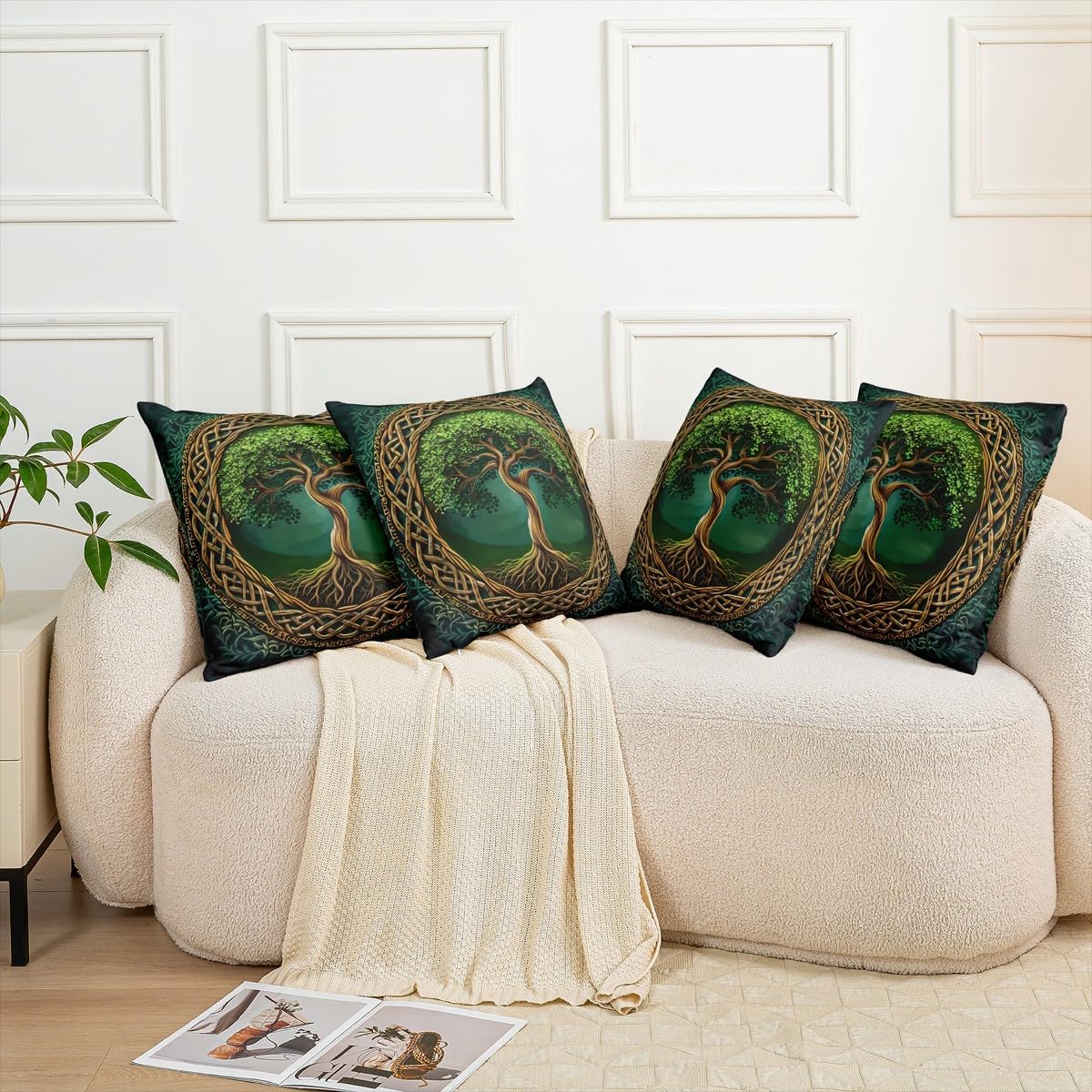 Homewish Tree Abstract Life Kids Throw Pillow Cover,Leaf Plant Botanical Trippy Gothic Double Sides Pillow Case,Boho Tribal Ethnic Green Vintage Bed Couch Sofa Cushion Cover,Single Pack 24"x24"