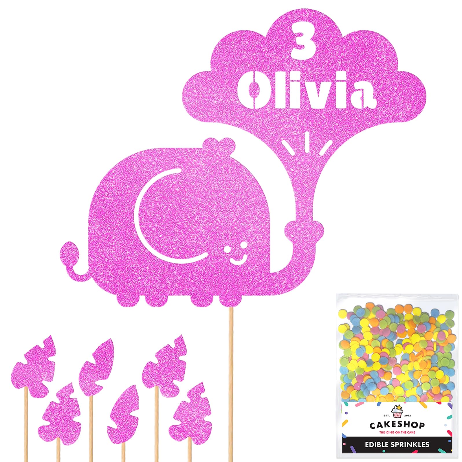 Personalised Jungle Elephant Glitter Cake Topper Lt Pink Any Custom Age & Name Glitter Cake Decoration and Sprinkles - Happy Birthday Decorations - Personalised Toppers for Cakes by Cakeshop โ image 1