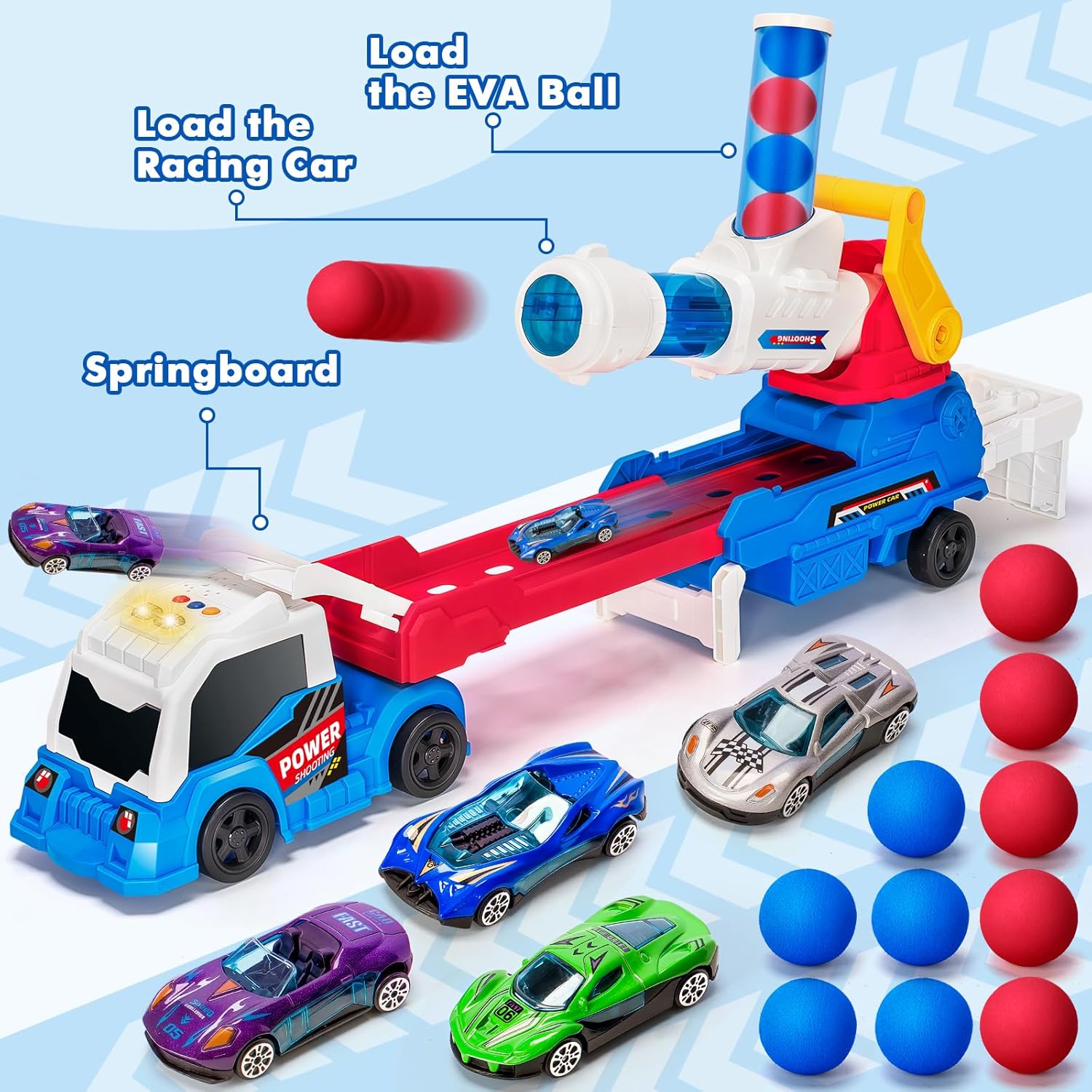 BainGesk Semi Truck Toys Car for 3, 4, 5, 6, 7, 8 Years Old Boys Girls, 28" Ejection and Shooting Truck with Light & Sounds, Includes 4 Race Cars, 10 EVA Balls, Large Car Toys Gifts for Toddler