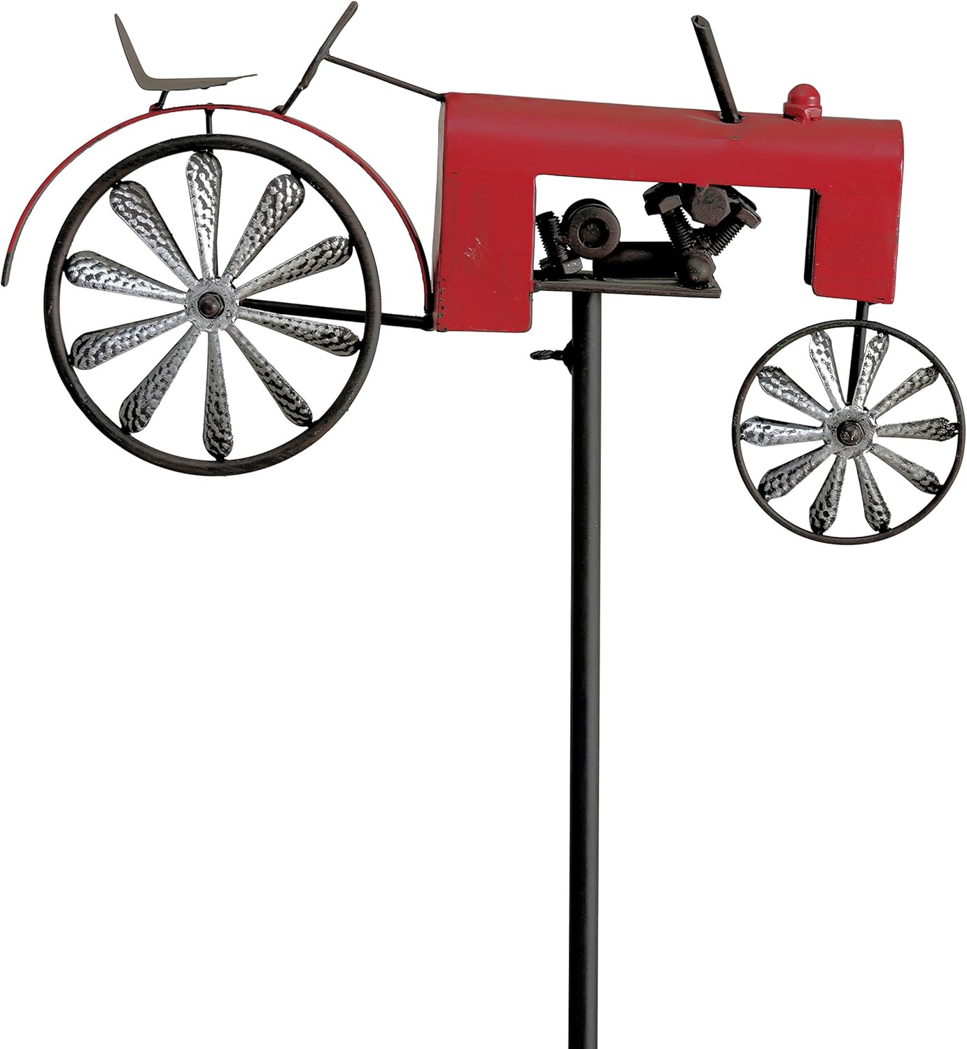 Americana Garden Stake, Red Farm Tractor, Turning Wheels, Vintage Finish, Artisan Crafted, Iron, Hammered Wheel Spoke Details, Single Prong, 51 Inches Tall