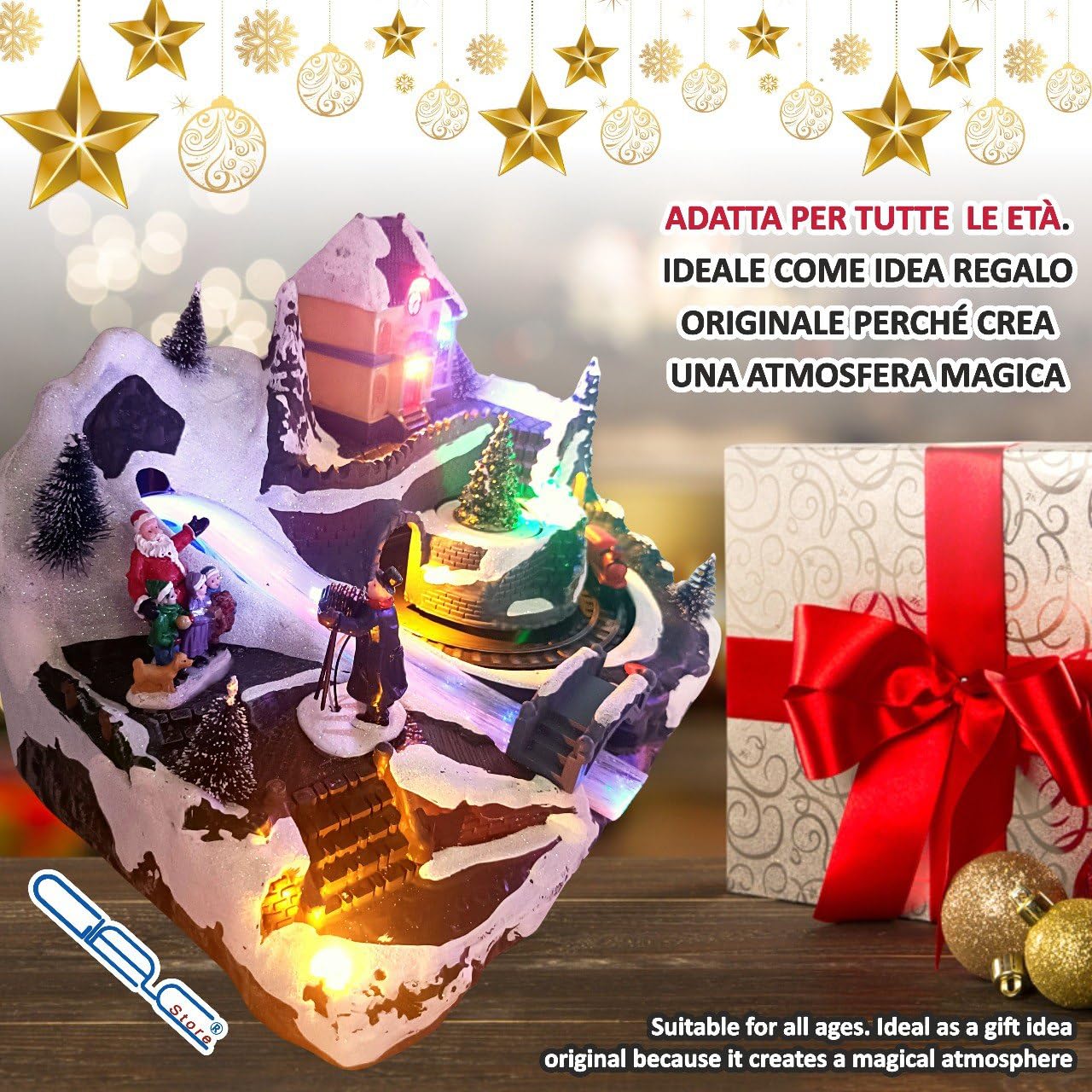 Villaggio di Natale Animato con Stazione Ferroviaria, Luci, Musica e Movimenti, 29,8 cm