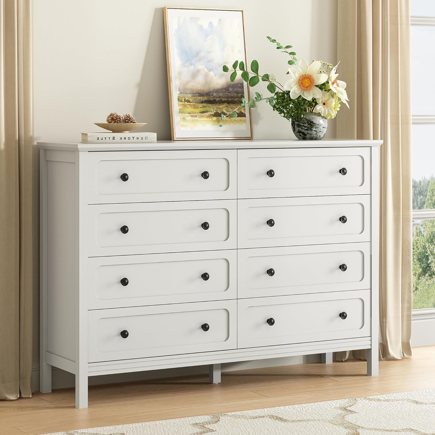 CARPETNAL White Dresser for Bedroom, 55" Wide 8 Drawer Dresser with Metal Handles and Deep Drawers, Modern Large Wood Chest of Drawers for Living Room, Hallway.