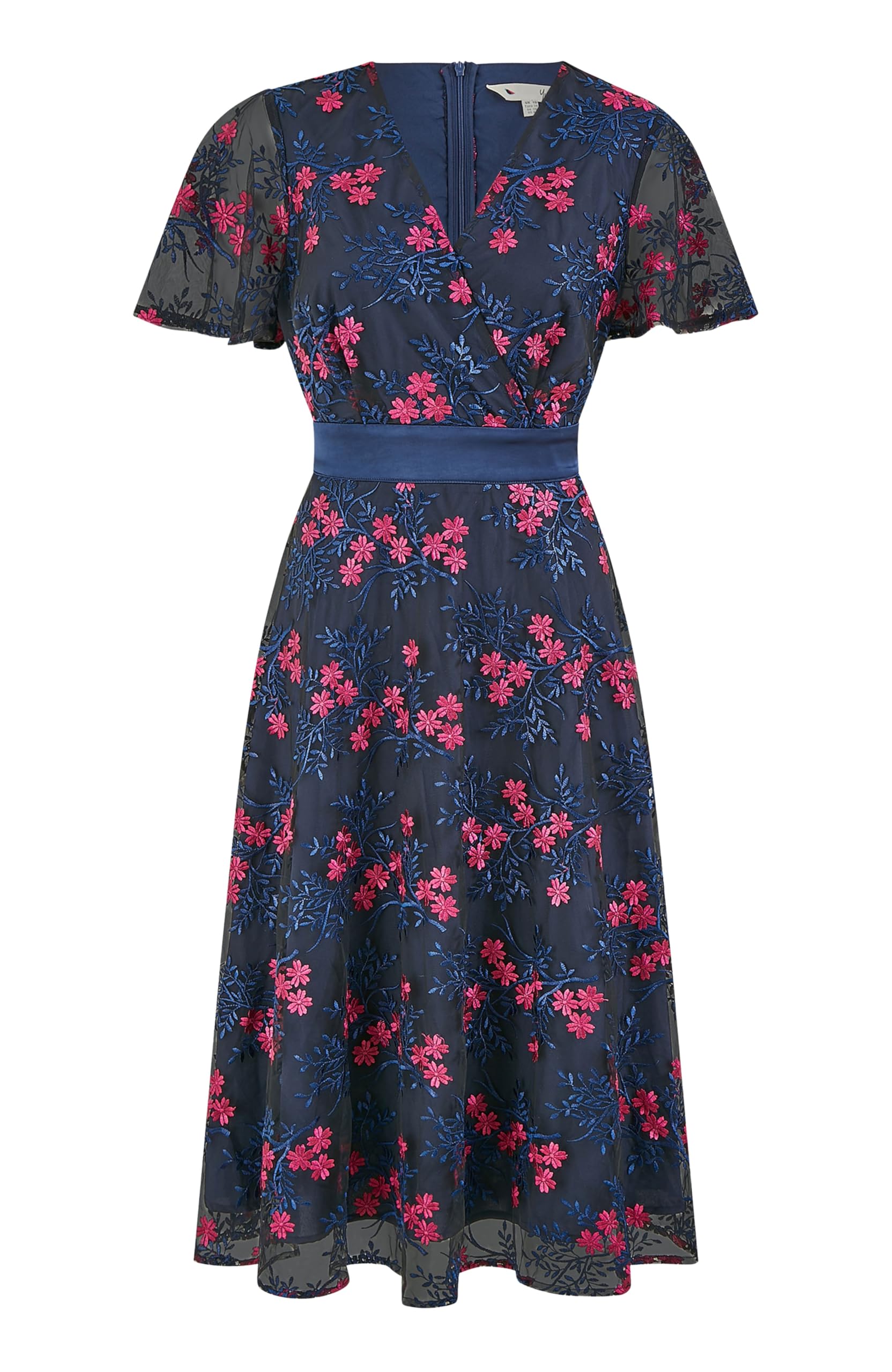 Yumi Women's Navy Embroidered Floral Mesh Wrap Midi Skater Dress | : Size 14