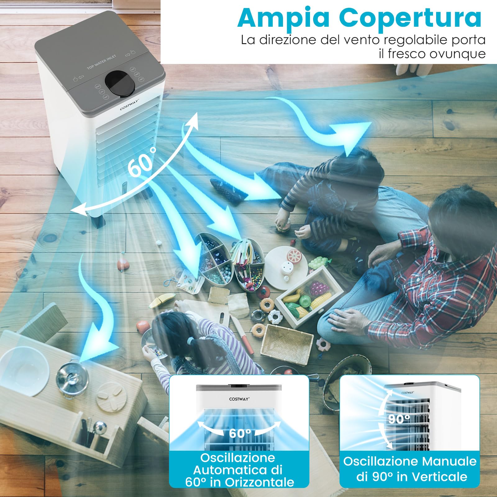 COSTWAY Condizionatore Portatile 3 in 1, Condizionatore d'aria Evaporativo portatile con Raffreddamento, Ventola e Umidificazione, 3 Velocità del Vento, 12H Timer, Doppio Serbatoio d'acqua(Grigio)