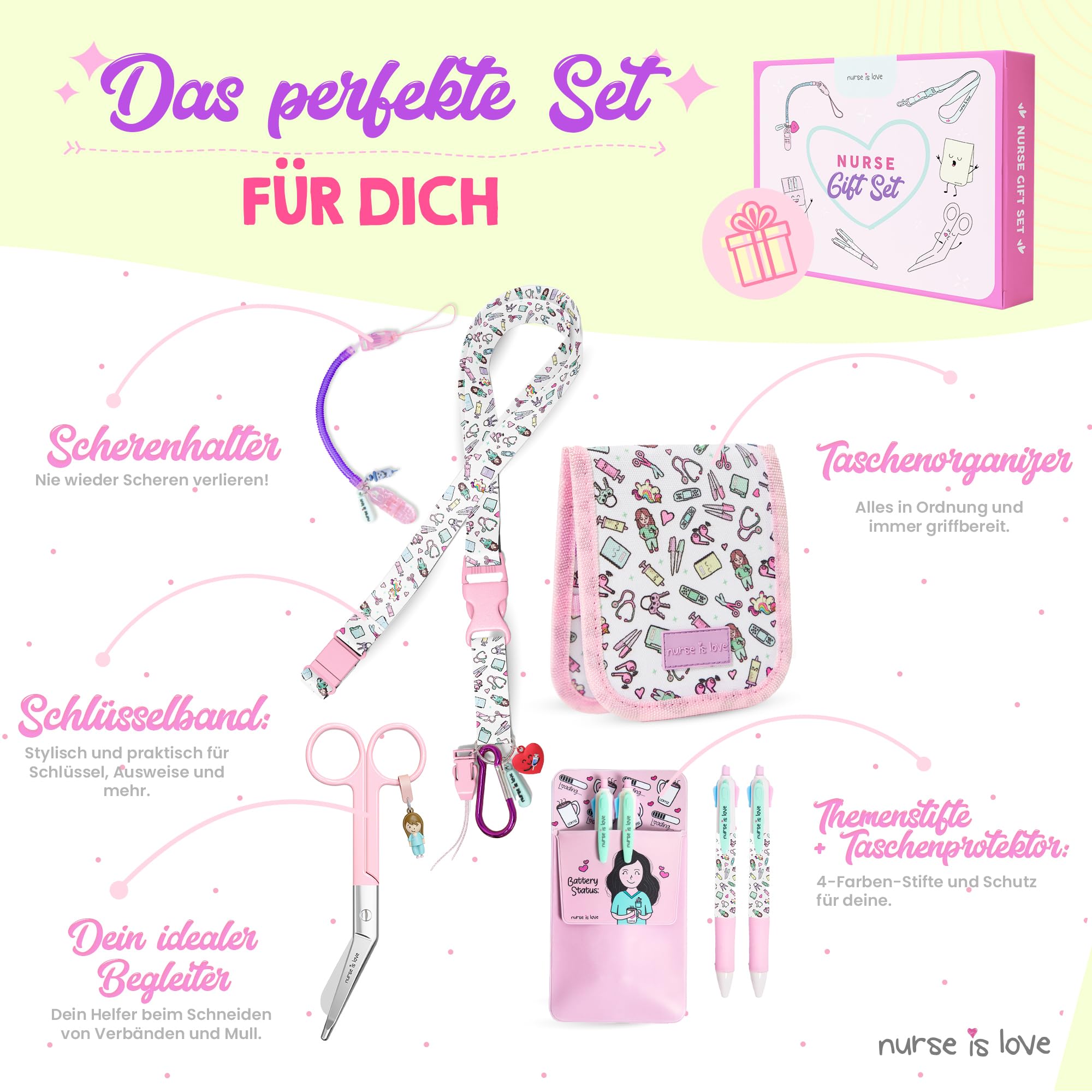 Nurse is Love Krankenschwester Geschenke 5-Teiliges Set | Schlüsselband + Schere + Taschenorganizer + Stifte Taschenschutz mit Kugelschreiber Mehrfarbige + Scherenhalter | Krankenschwester Zubehör
