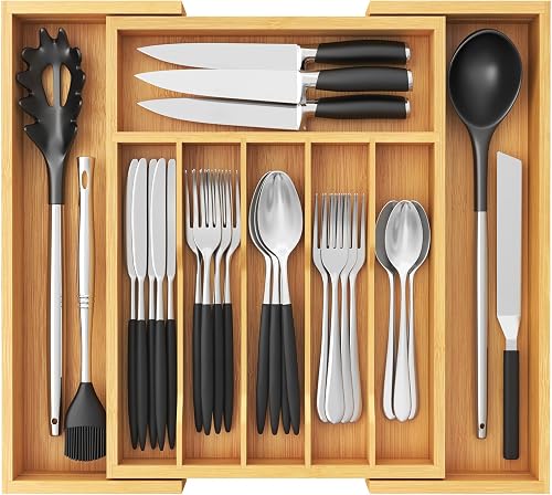 Lifewit Cutlery Drawer Organiser, Expandable Utensil Tray for Kitchen, Bamboo Silverware and Flatware Holder, Wood Adjustable Storage for Spoons Forks Knives, Large, Natural