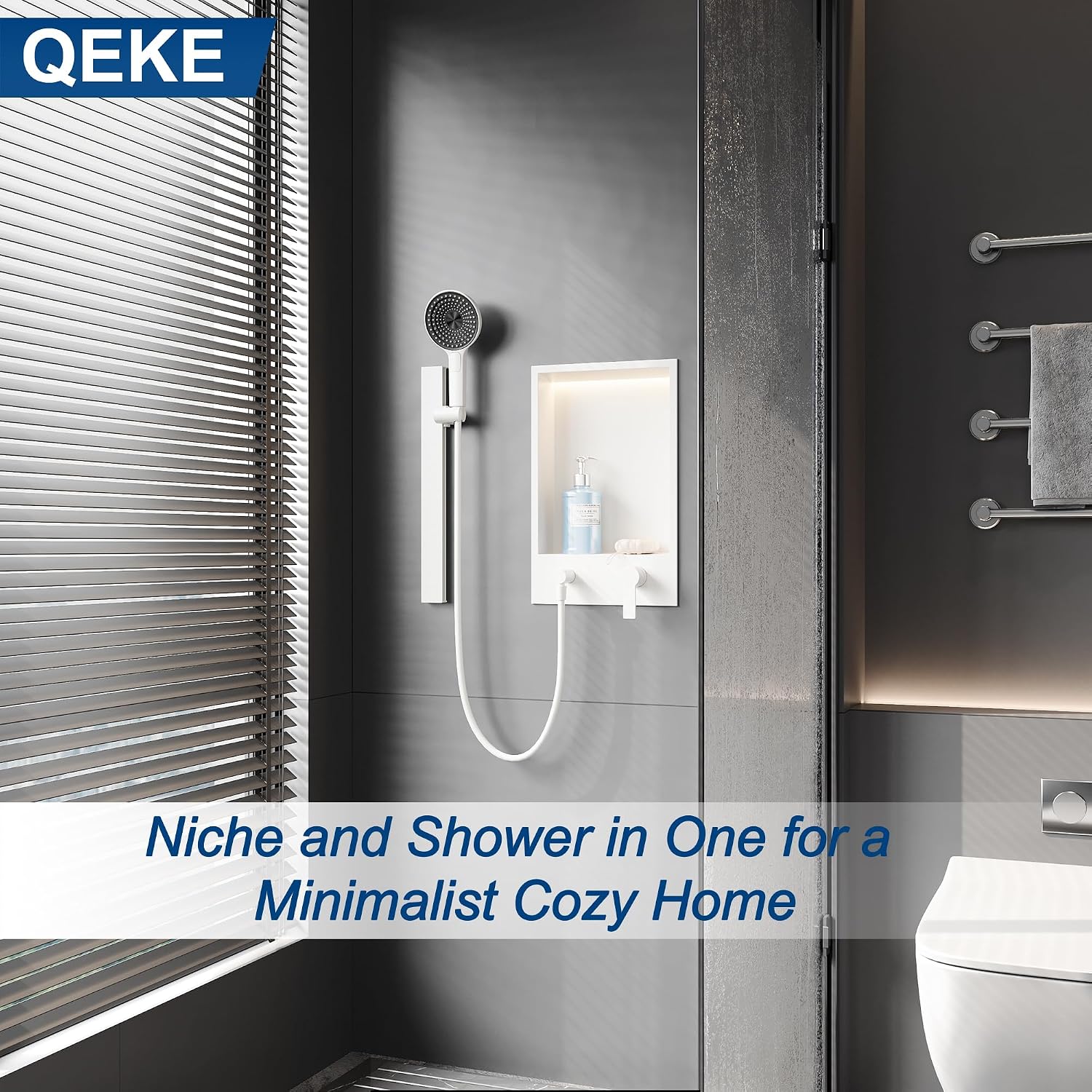 Qeke Shower Niche with Round Hand Shower, Sliding Bar and LED Light in Matte White/Vertical