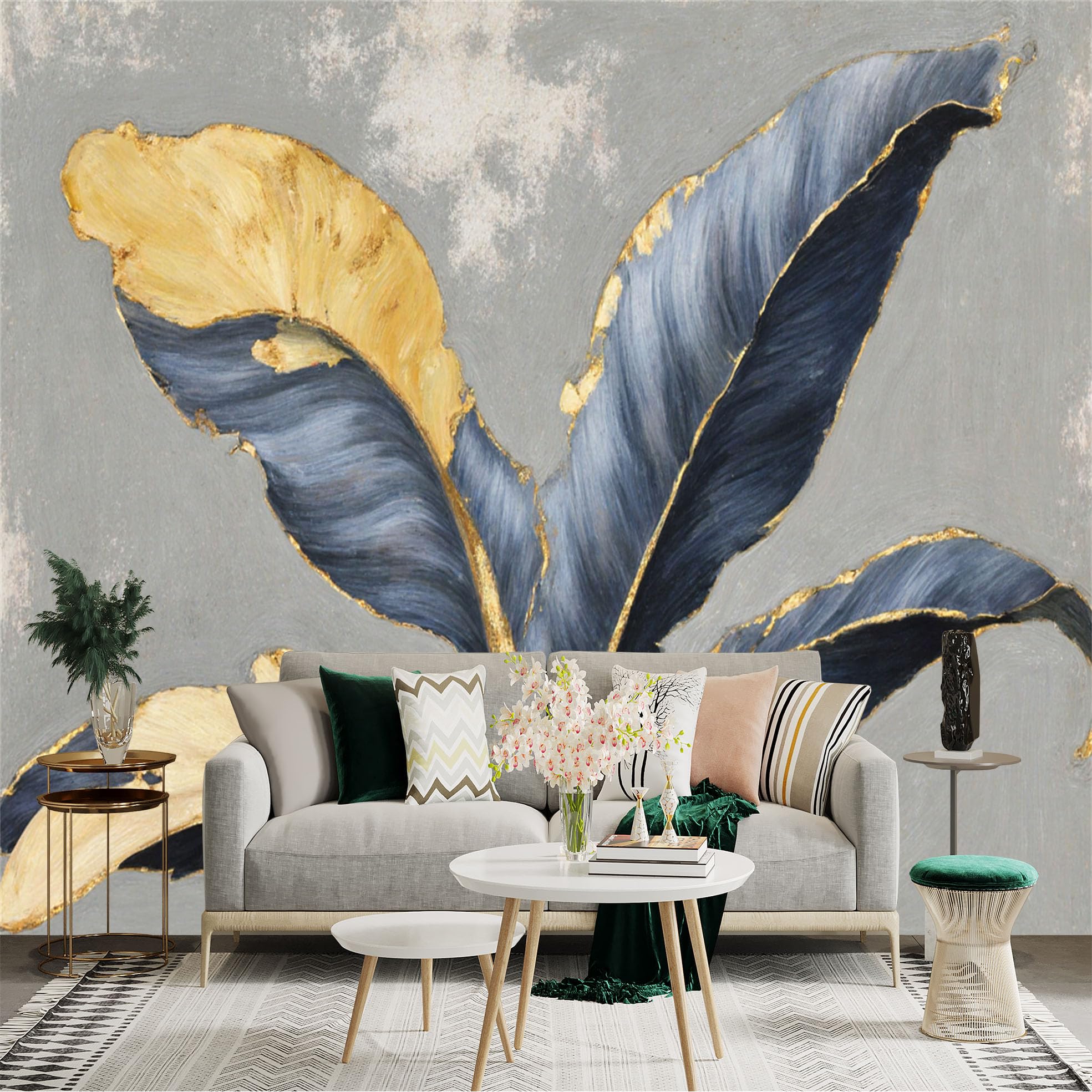 Custom Size Wall Sticker Mural， Modern Abstract Tropical Leaves， Golden Foil Texture， Grey Aesthetic Botanical Art， for wall Decoration， peelandstick wall Decals.