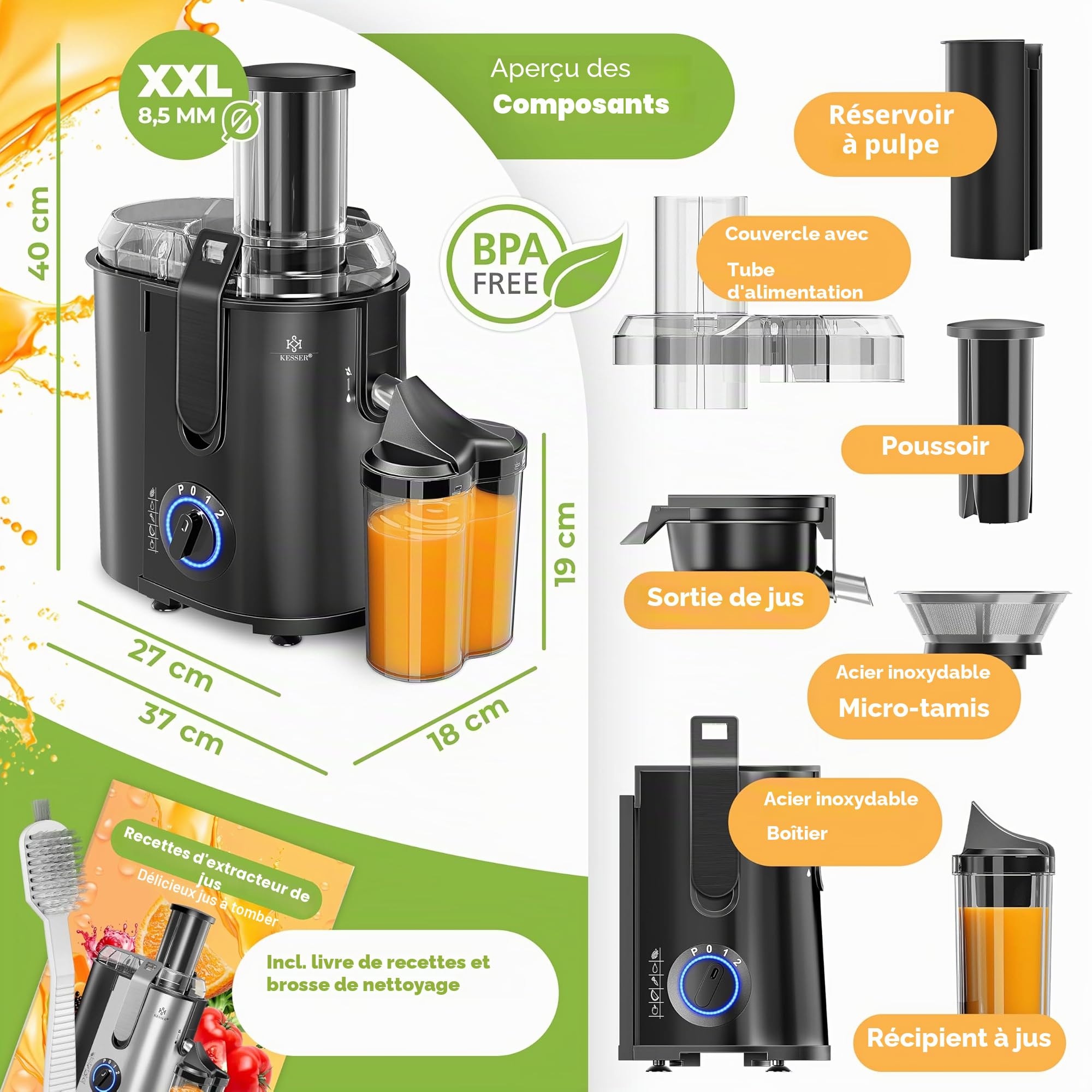 KESSER - Centrifugeuse en Inox Fruits et légumes 1100W, Extracteur de jus, Capacité 1L, Ouverture 85mm