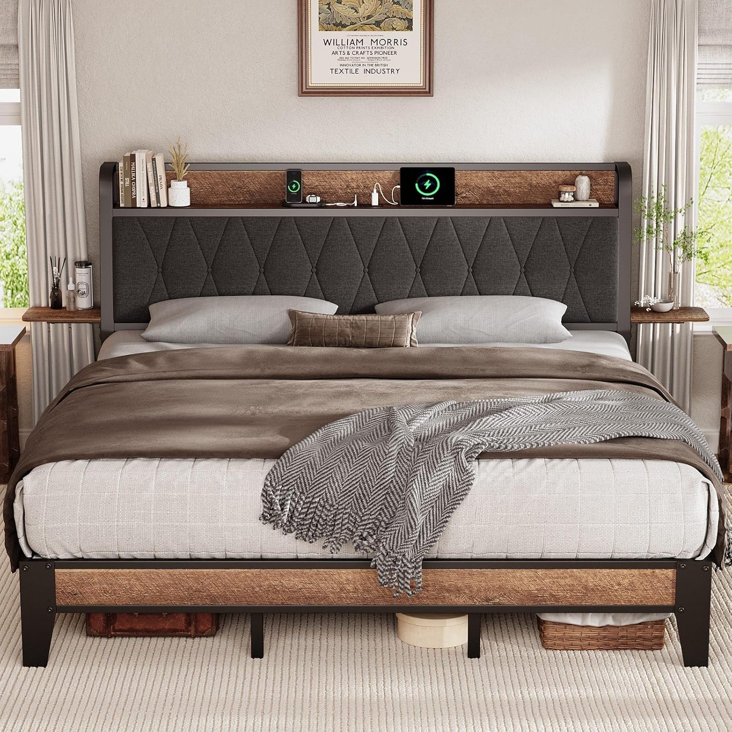 ONBRILL King Size Bed Frame with Side Storage Shelf, Ergonomic Upholstered Headboard with Charging Station, King Platform Bed Frame, Metal Slats Support, No Box Spring Needed, Easy Assembly, Black