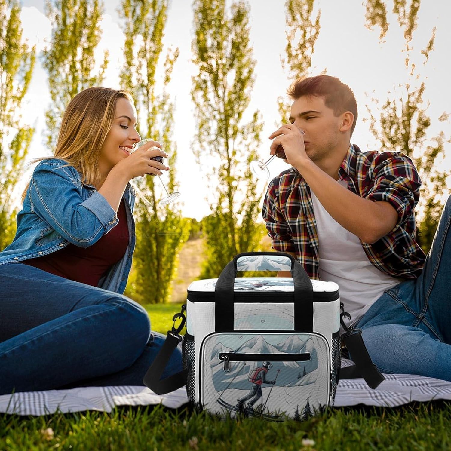 Large-Capacity Oxford Cloth Skiing Theme Printed Camping Ice Bag, Outdoor Portable Insulation and Cold Storage Bag, Enjoy A Cool Camping Time