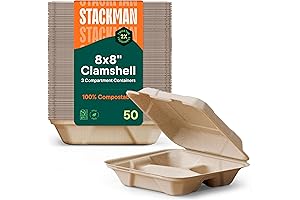 100% Compostable Food Containers with Compartments (8X8" 3-Compartment 50-Pack)