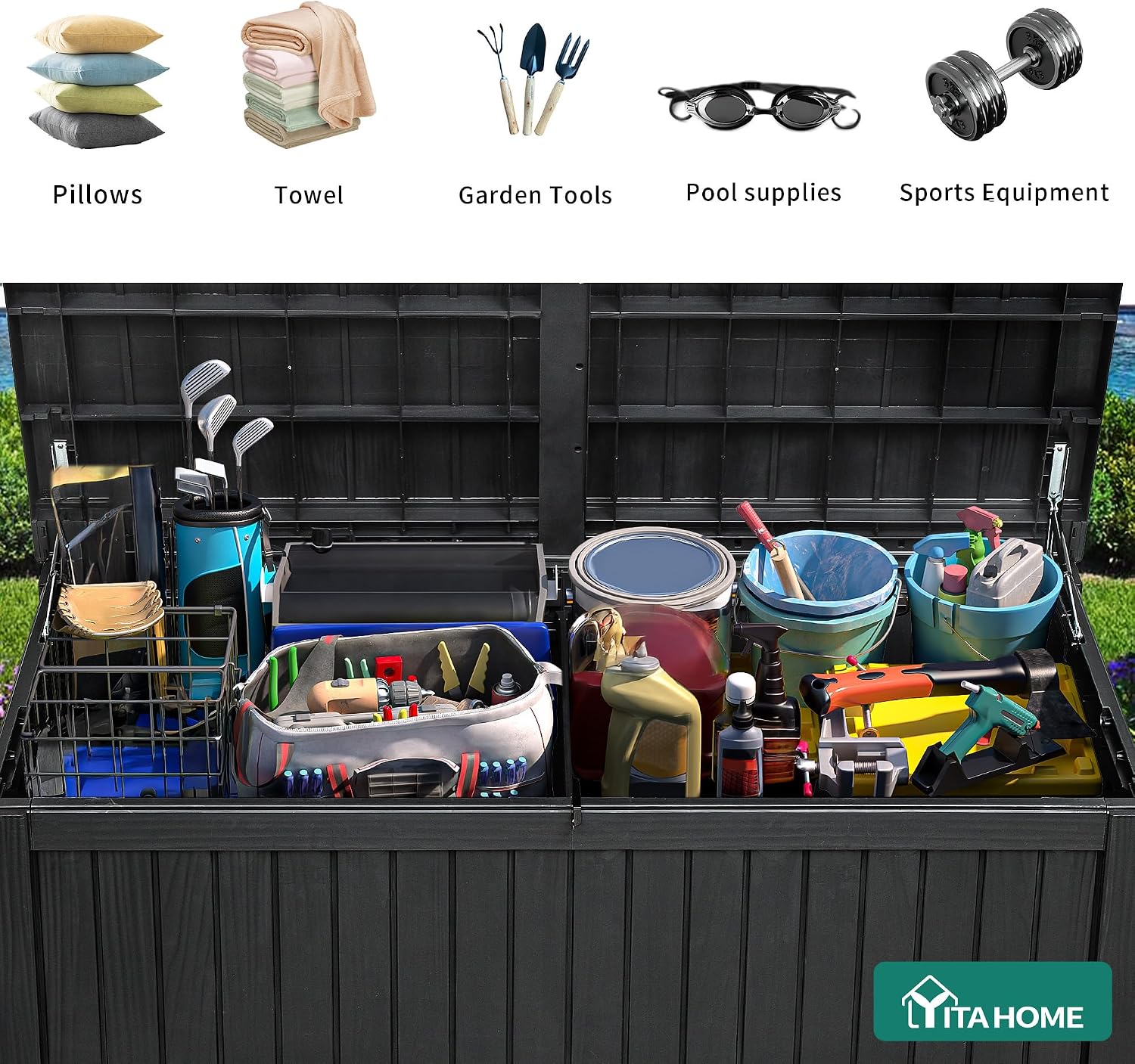 YITAHOME 220 Gallon XL Deck Box Large Outdoor Storage w/Divider for Patio Furniture,Outdoor Cushions, Garden Tools, Sports Equipment and Pool Supplies, Waterproof, Resin, Lockable, Black