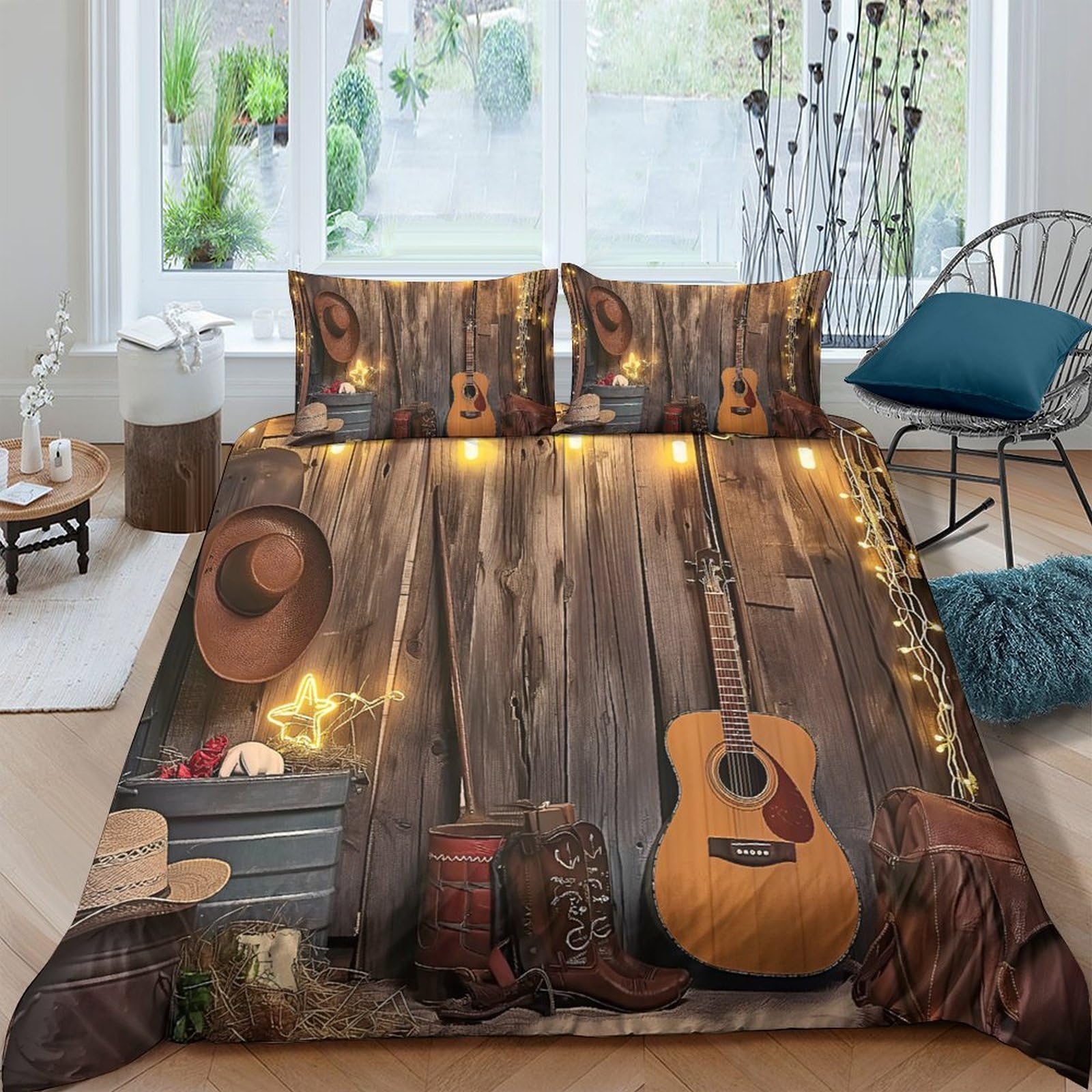 Ctjqhvkz Style-9 3D Printed Rustic Guitar Fitted Sheet Microfiber Soft Cowboy Hat Bed Cover For Bedroom Guest Room Decor Single（135X200cm）