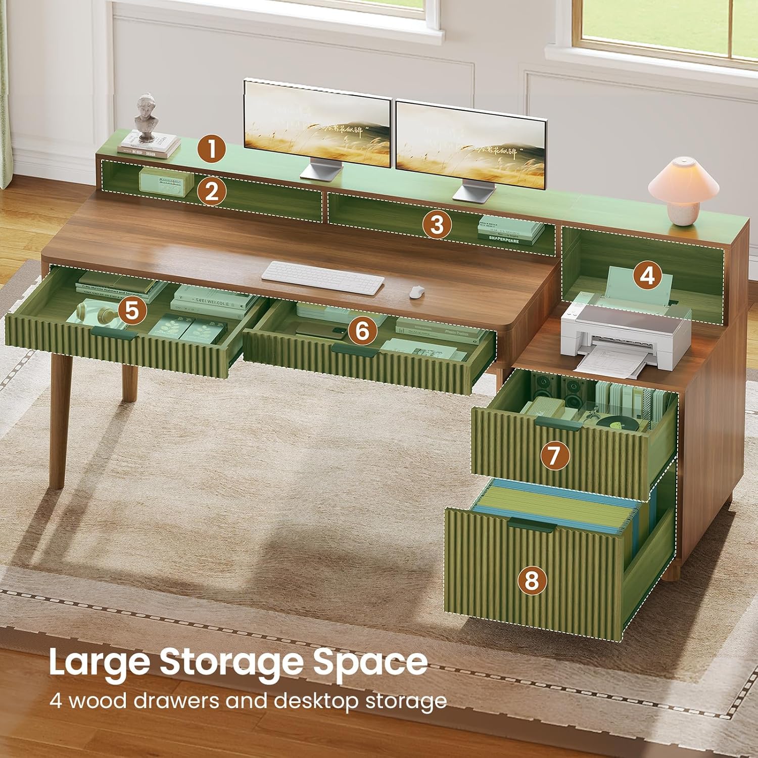 Diagram showing the large storage space of the desk with numbered sections