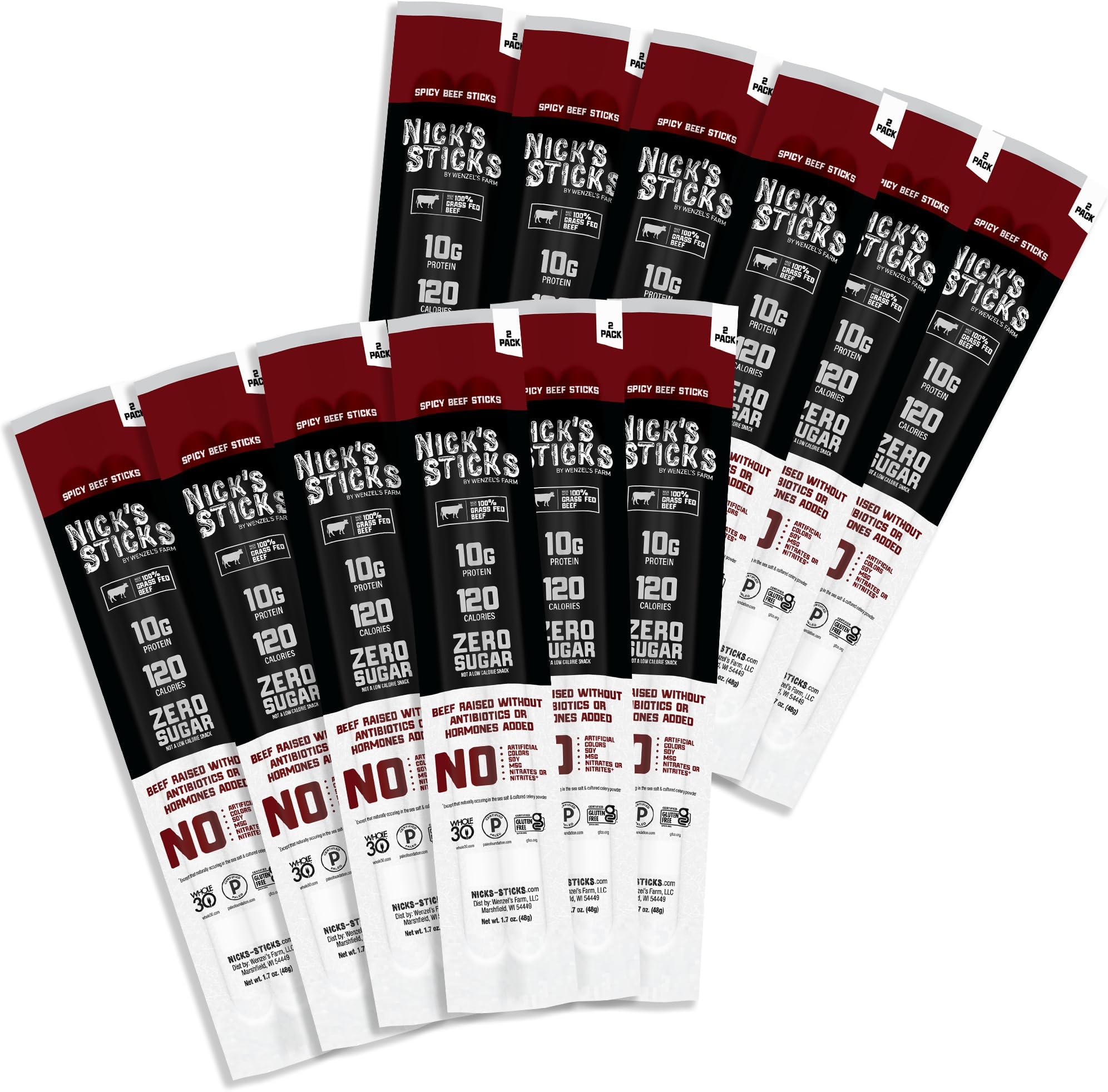 Nick's Sticks Clean & Balanced 100% Grass-Fed Spicy Beef Snack Sticks | Made in the USA | Gluten Free | Paleo, Keto, Whole30 Approved | No Soy, Antibiotics or Hormones (12 – 1.7oz. Packages of 2 Sticks)