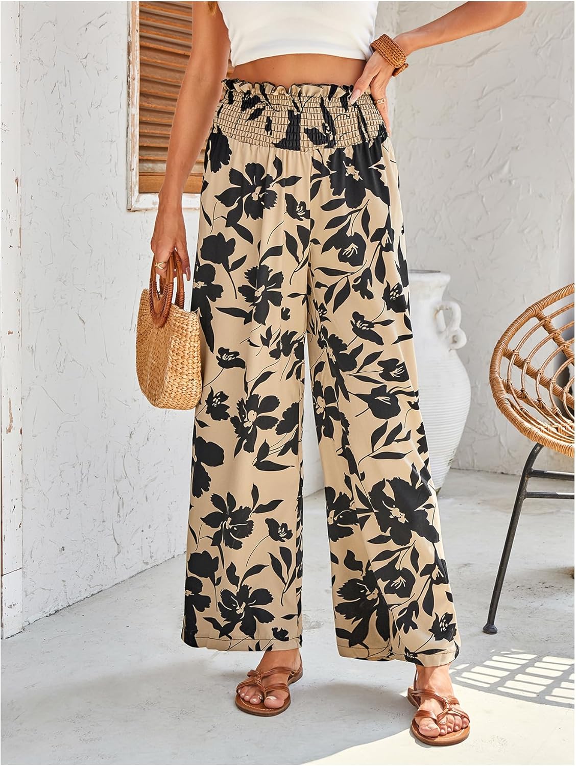 Floerns Women's Floral Wide Leg Pants High Waist Flowy Casual Palazzo Pants with Pocket - Image 5