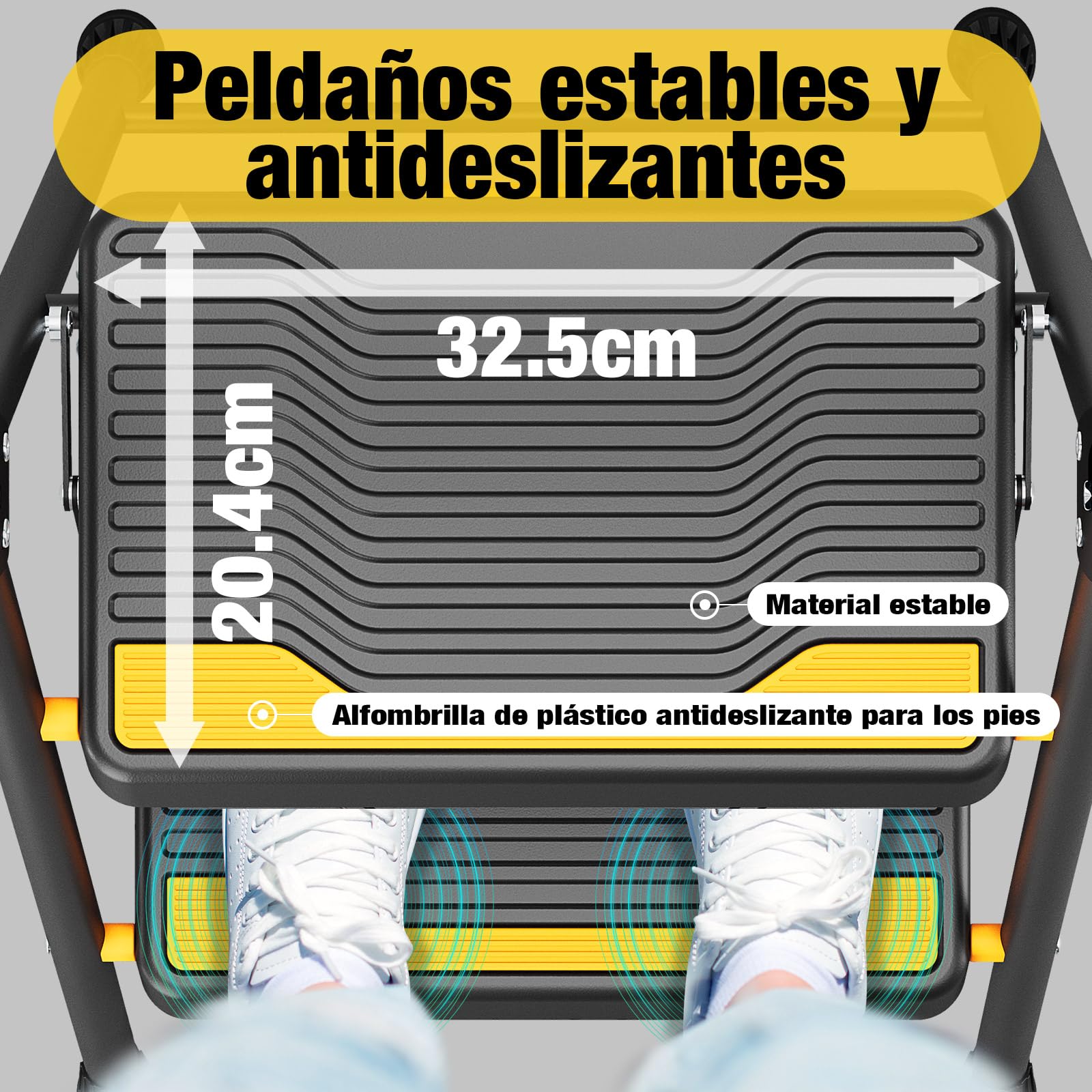 Urackify Escalera 2 Peldaños Plegable, Carga hasta 150kg, Peldaños Anchos Antideslizantes, Pasamanos de Seguridad, Compacto y Plegable, Escaleras de Tijera para Hogar, Cocina, Oficina, Despensa, Negro