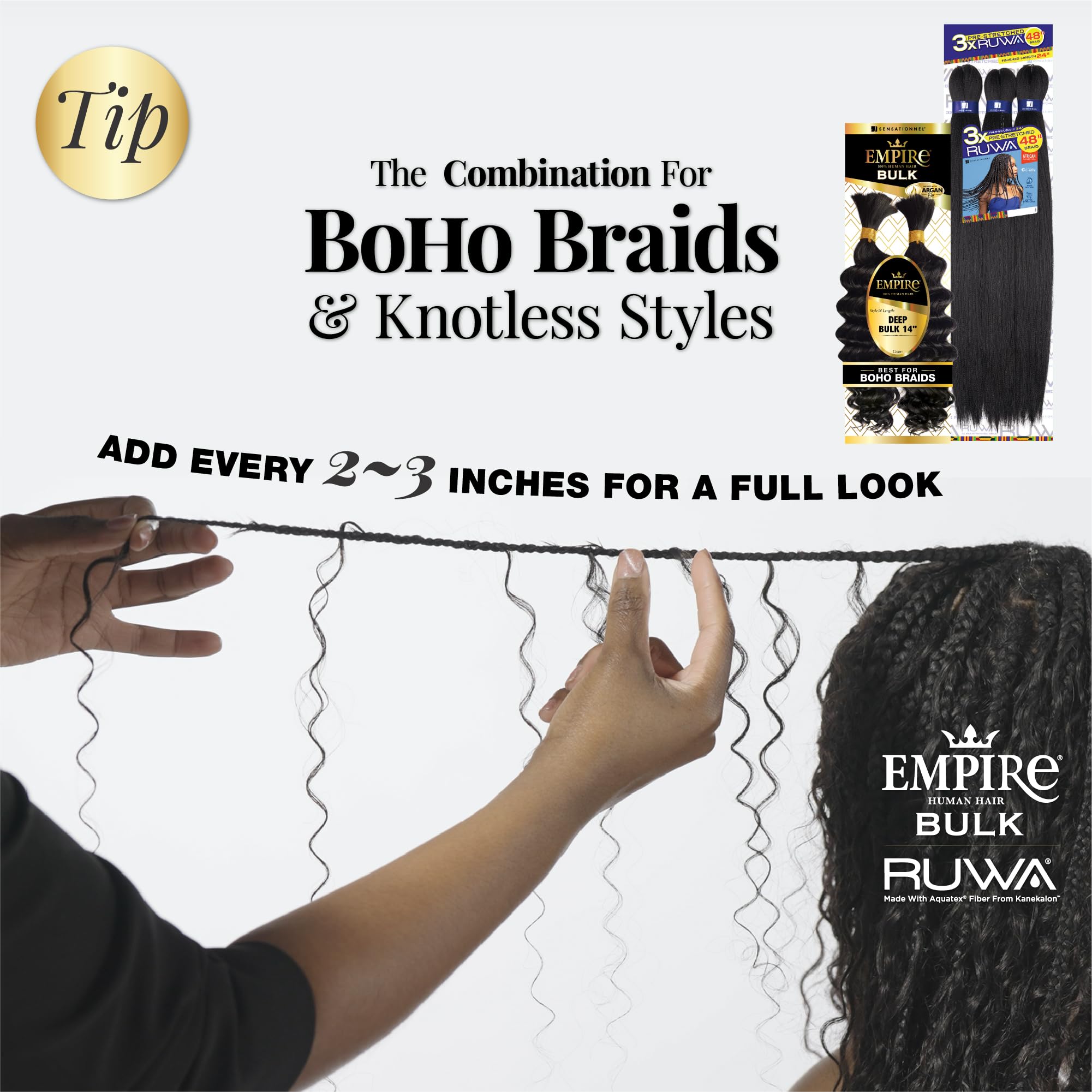 Sensationnel Empire bulk braiding - deep human hair braids for knotless boho box or curly loose wave styles (14 inch, 1B OFFBLACK) - Image 3