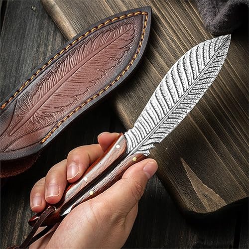 Miniatura 4 de Homthia Cuchillo pequeño de hoja fija con funda para acampar al aire libre, acero Damasco 4Cr13, mango de palisandro, cuchillo de supervivencia para