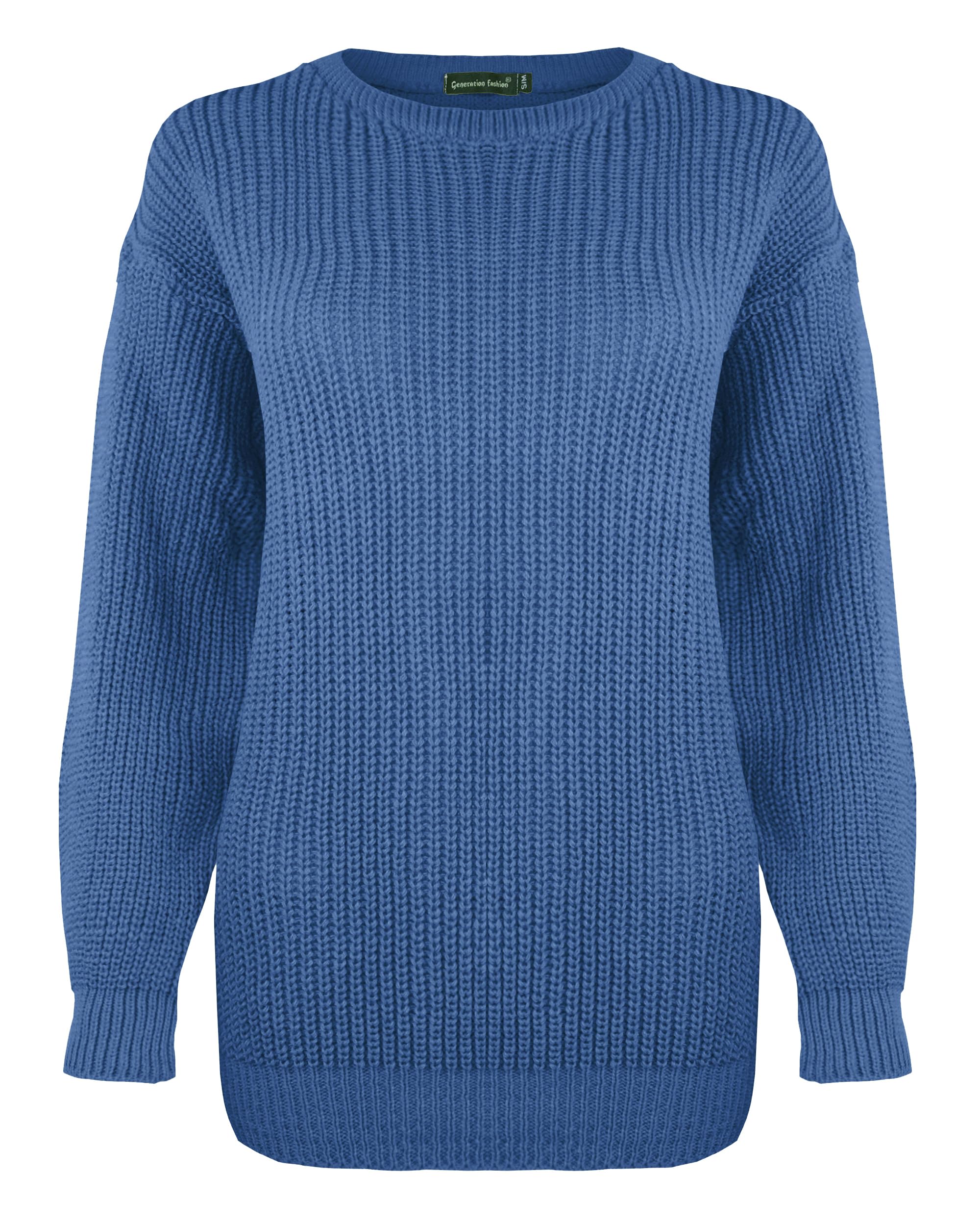 Generation Fashion New Ladies Women Long Sleeve Knitted Baggy Jumper Oversized Sweater Crew Neck Pullover Top[Denim,ML]