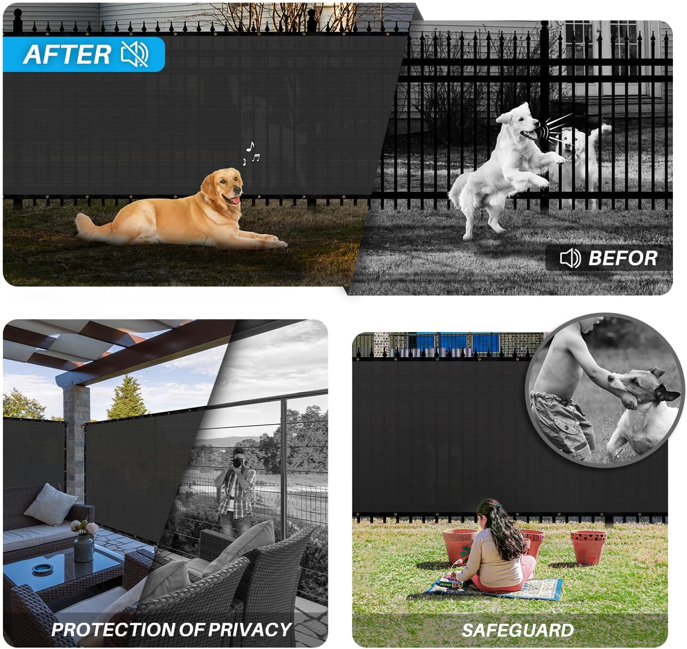 Patio Paradise 4' x 50' Black Fence Privacy Screen, Commercial Outdoor Backyard Shade Windscreen Mesh Fabric with brass Gromment 85% Blockage- 3 Years Warranty (Customized Sizes Available)
