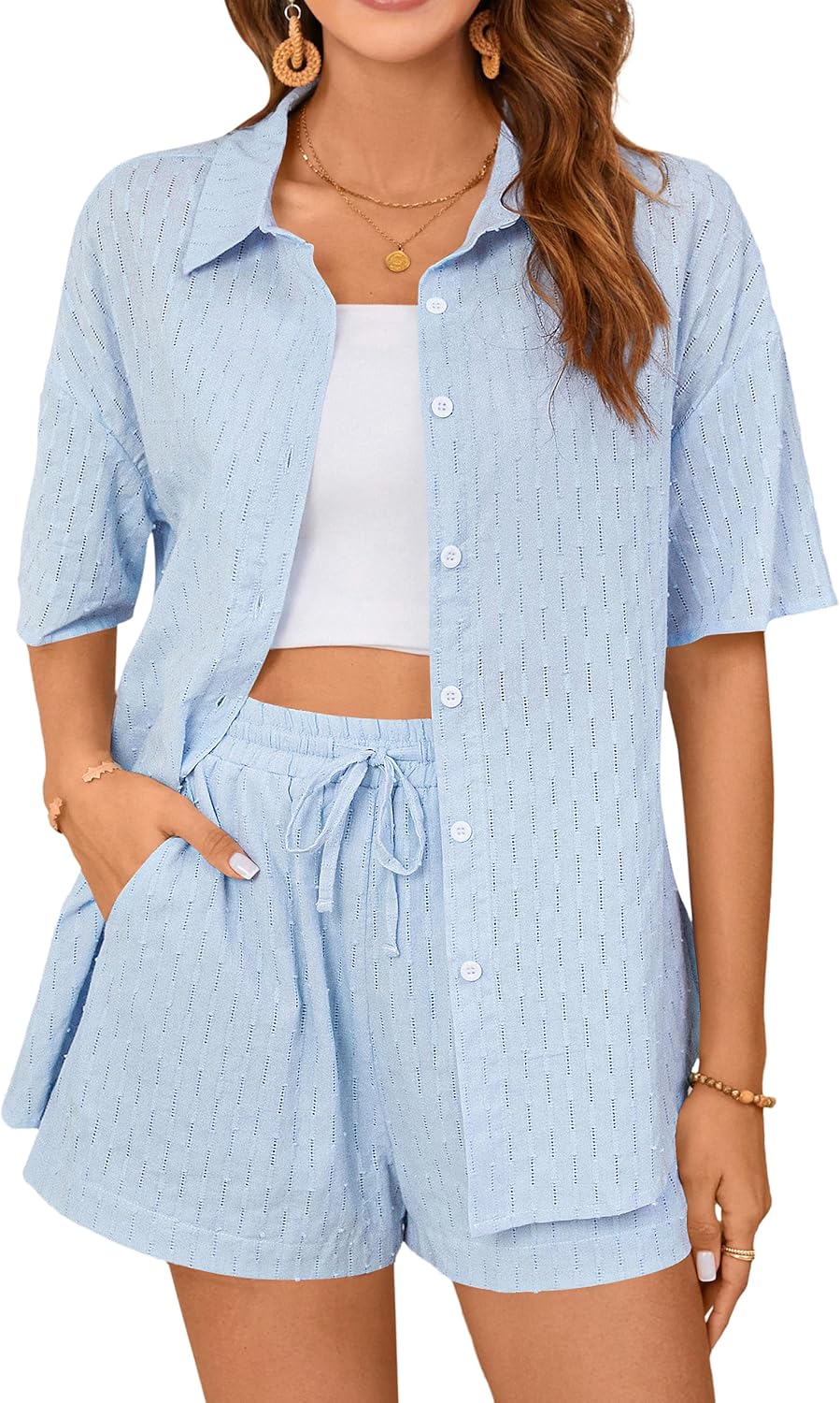 Blooming Jelly Womens 2 Piece Linen Sets Botton Down Shirt Drawstring Shorts Summer Beach Vacation Outfits Lounge Set